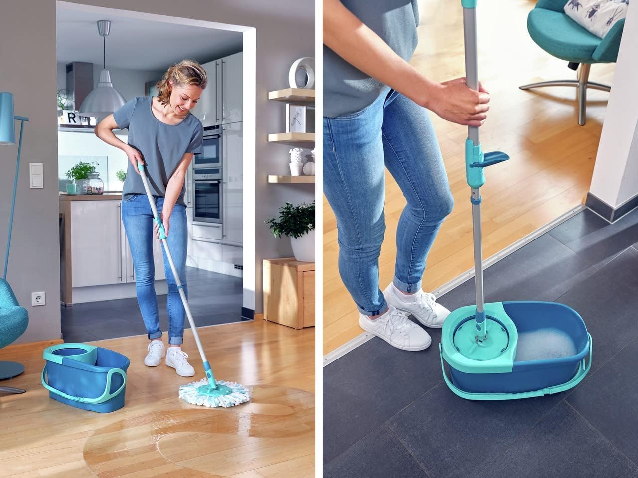 Leifheit Clean Twist Disc Mop Ergo Kit complet balai, serpillière et seau essoreur, ensemble balai serpillère en microfibre avec manche télescopique, essorage sans effort