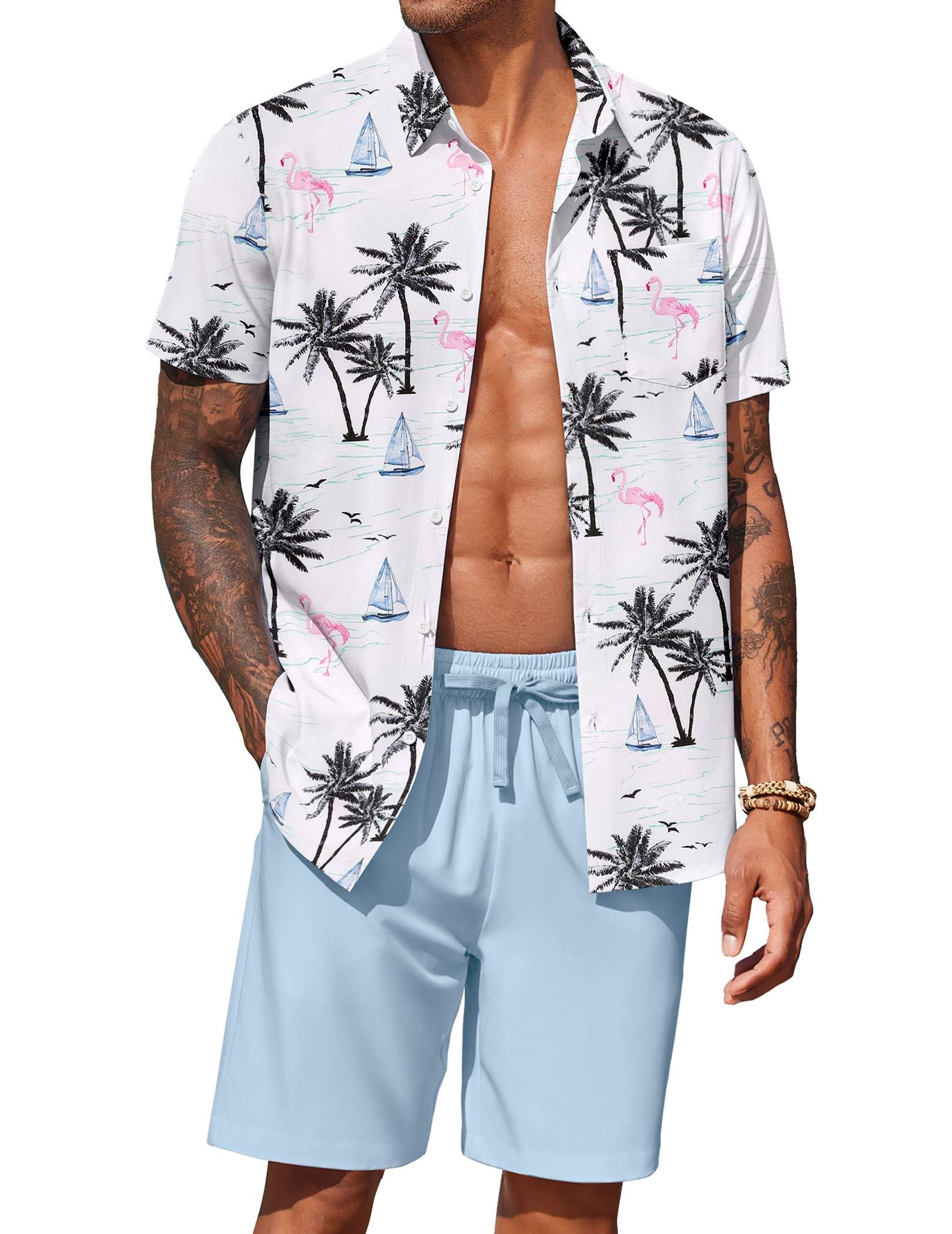 COOFANDY Men's Hawaiian 2 Piece Outfits Floral Button Down Shirt and Shorts Vacation Outfits Summer Beach Matching Set
