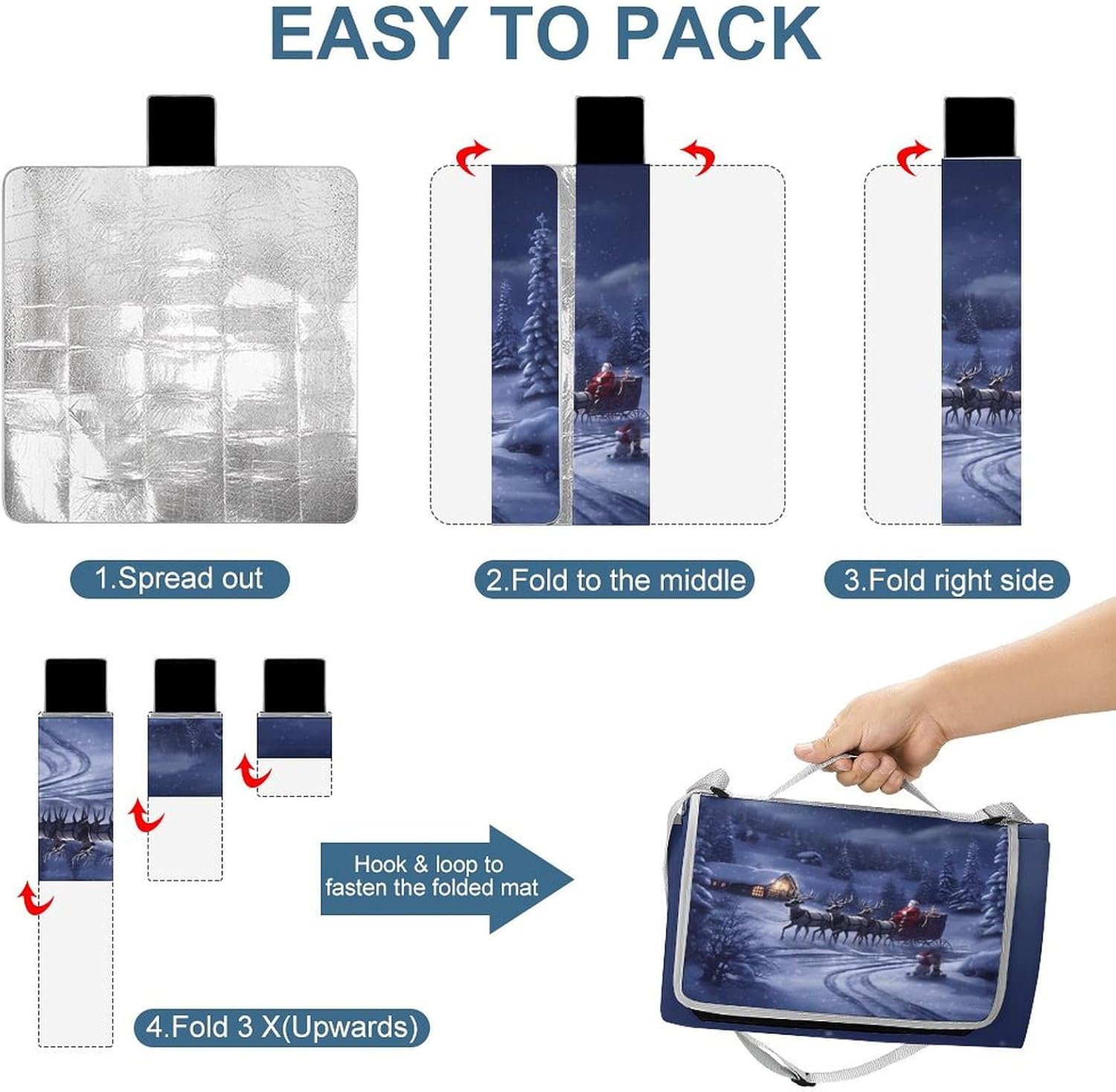 Snow Night Santa and Deer Picnic Blanket Extra Large 58x58 Inches Sandproof Waterproof Camping Blanket Portable Beach Mat for Camping Beach Grass Park