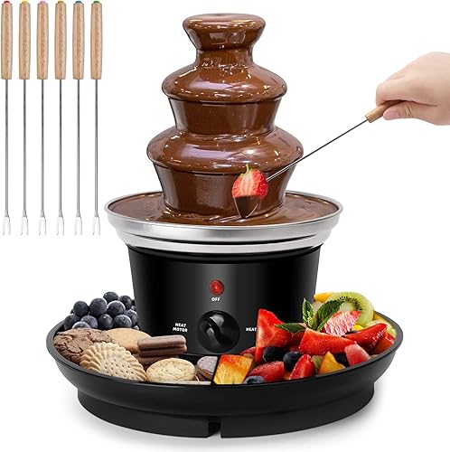 Fuente de fondue de chocolate de 16 onzas, mini fuente de chocolate de 3 niveles, máquina de fusión eléctrica con 6 tenedores de fondue y bandeja de