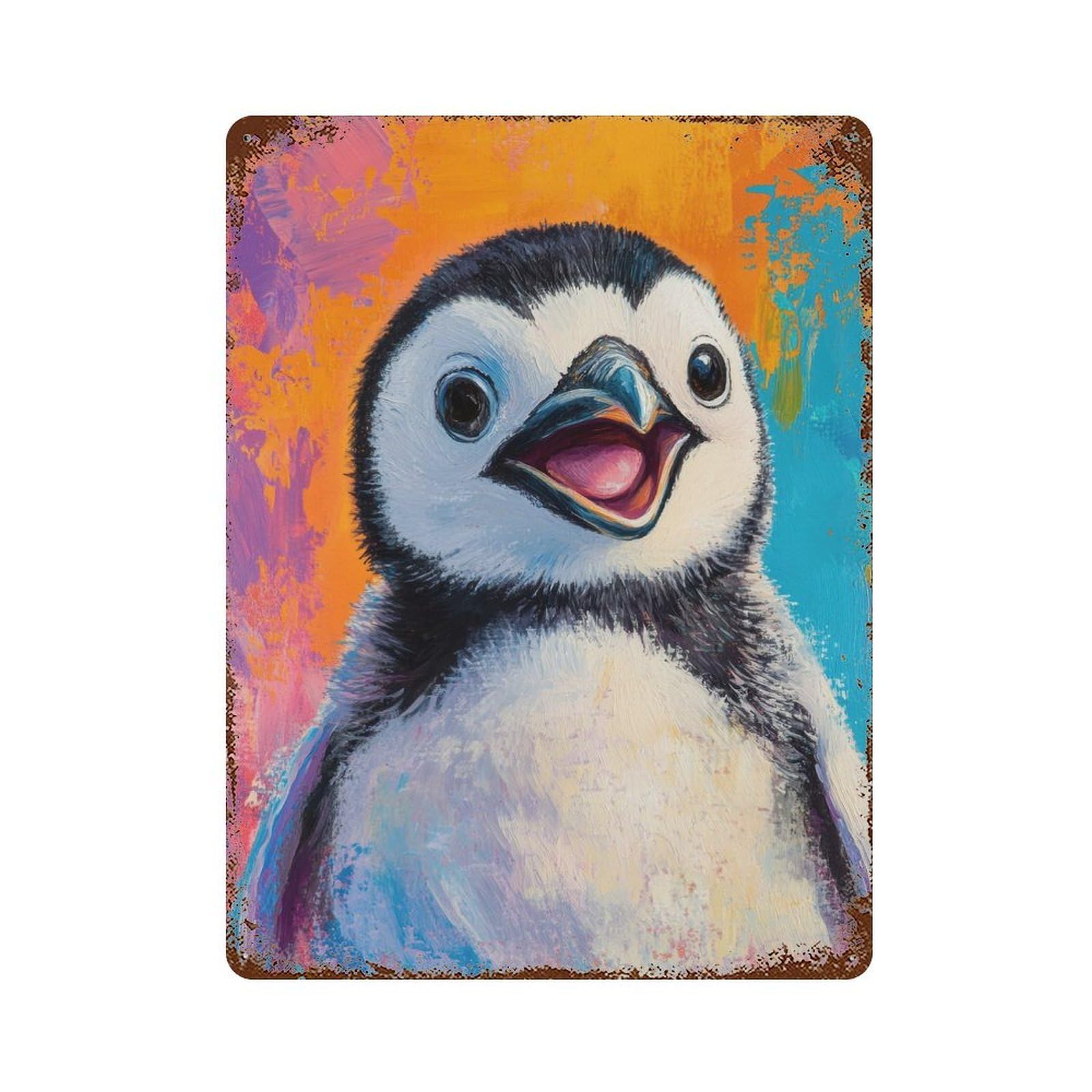 Happy Penguin Portrait Painting 15.7"x11.8" Distressed Metal Wall Sign, Shabby Chic Decor for Shed, Workshop And Garage Wall Decor
