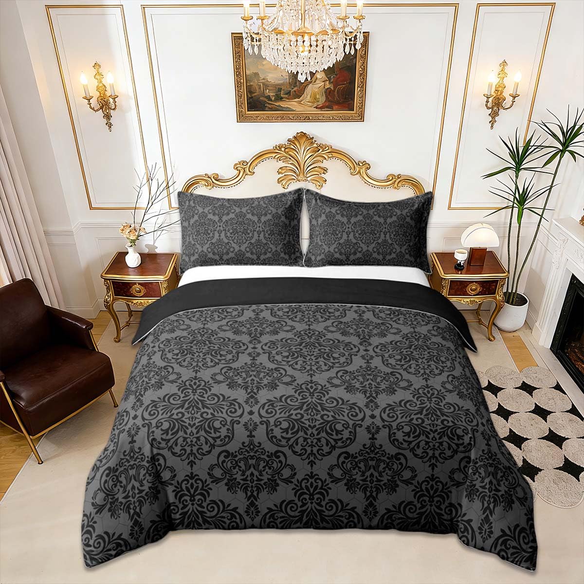 Homemissing Empire Damask Black Duvet Cover Set Cot Size For Kids Boys Girls Gothic Floral Bedding Set Luxury Royal Jacquard Duvet Cover with 1 Pillowcase Minimalist Bedding — image 1