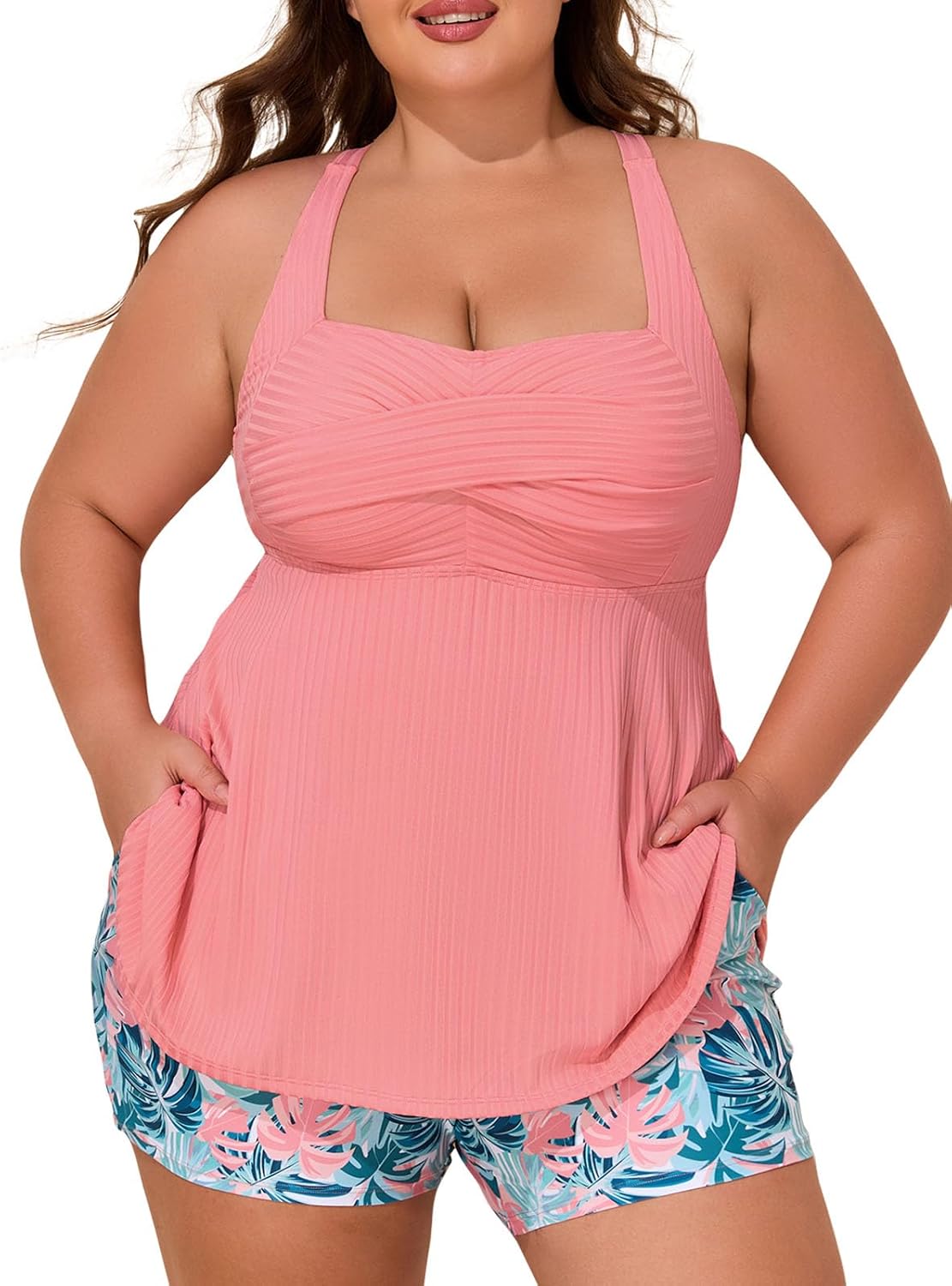Summer Mae Plus Size Tankini Swimsuits for Women Two Piece Bathing Suit with Pockets Shorts Tummy Control Swimwear