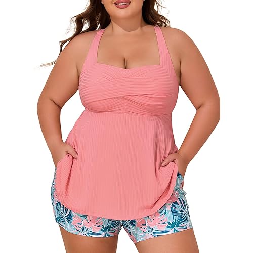 Summer Mae Plus Size Tankini Swimsuits for Women Two Piece Bathing Suit with Pockets Shorts Tummy Control Swimwear