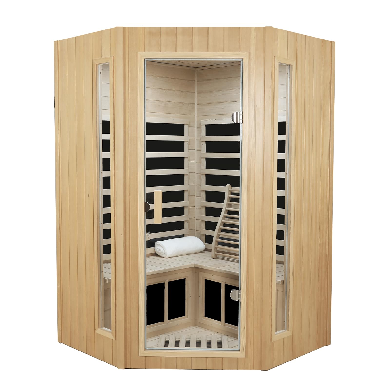 LTCCDSS 2-3 Person Infrared Sauna, Far Infrared Saunas for Home Low EMF Indoor Home Sauna Spa with Tempered Glass Door, Hemlock Wooden Corner Sauna Room,1670W/120V, Bluetooth Speaker, 2 Reading Lamps