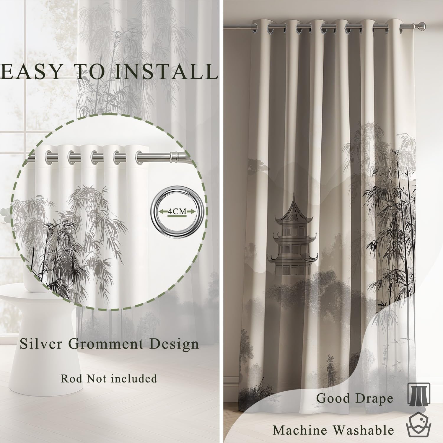 Generisch Vorhänge Blickdicht 2er Set 245 x 175 cm - Knitterfrei Gardinen vorhänge Tuschemalerei Landschaft Berg Schwarz Extra Breit mit Geräuschminderung mit Ösen für Schlafzimmer und Wohnzimmer
