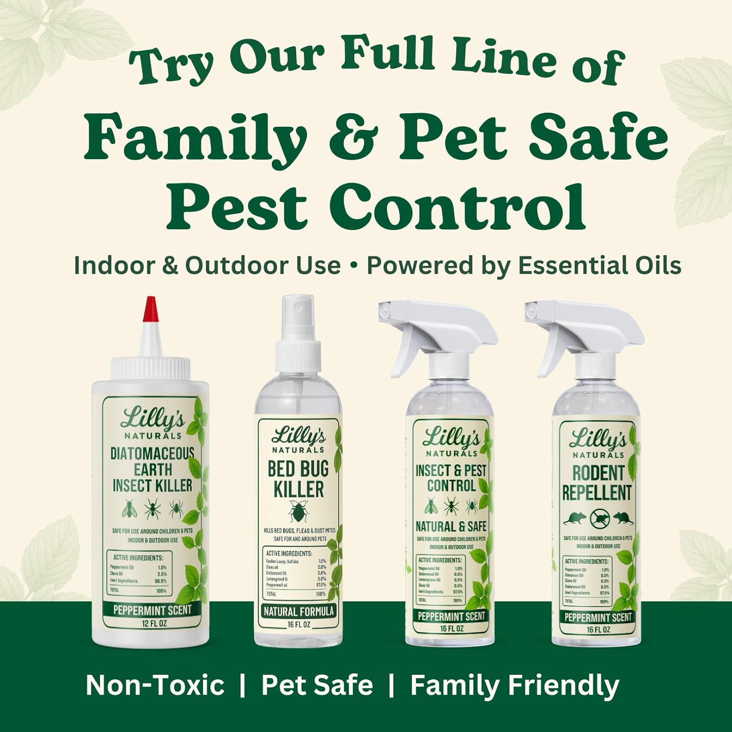 Diatomaceous Earth Food Grade with Peppermint Oil Crawling Insect Killer | Indoor Pest Control Powder for Bed Bug, Roach, Ant, Fleas | Lilly's naturals, 12 fl oz
