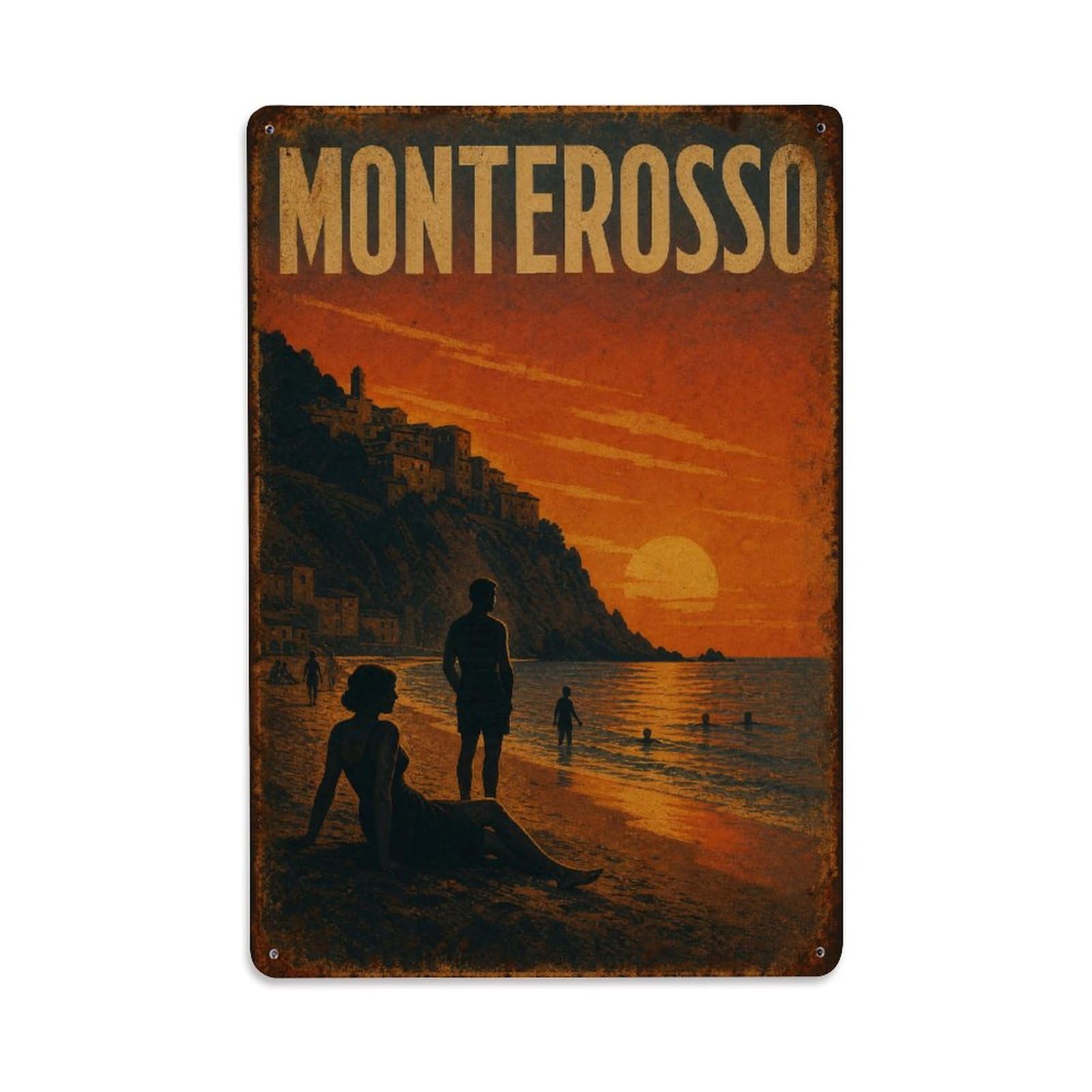 Huiyhb 8X12inch(20X30cm) Vintage Travel Monterosso Sunset Beach Silhouettes Italy Metal Tin Sign