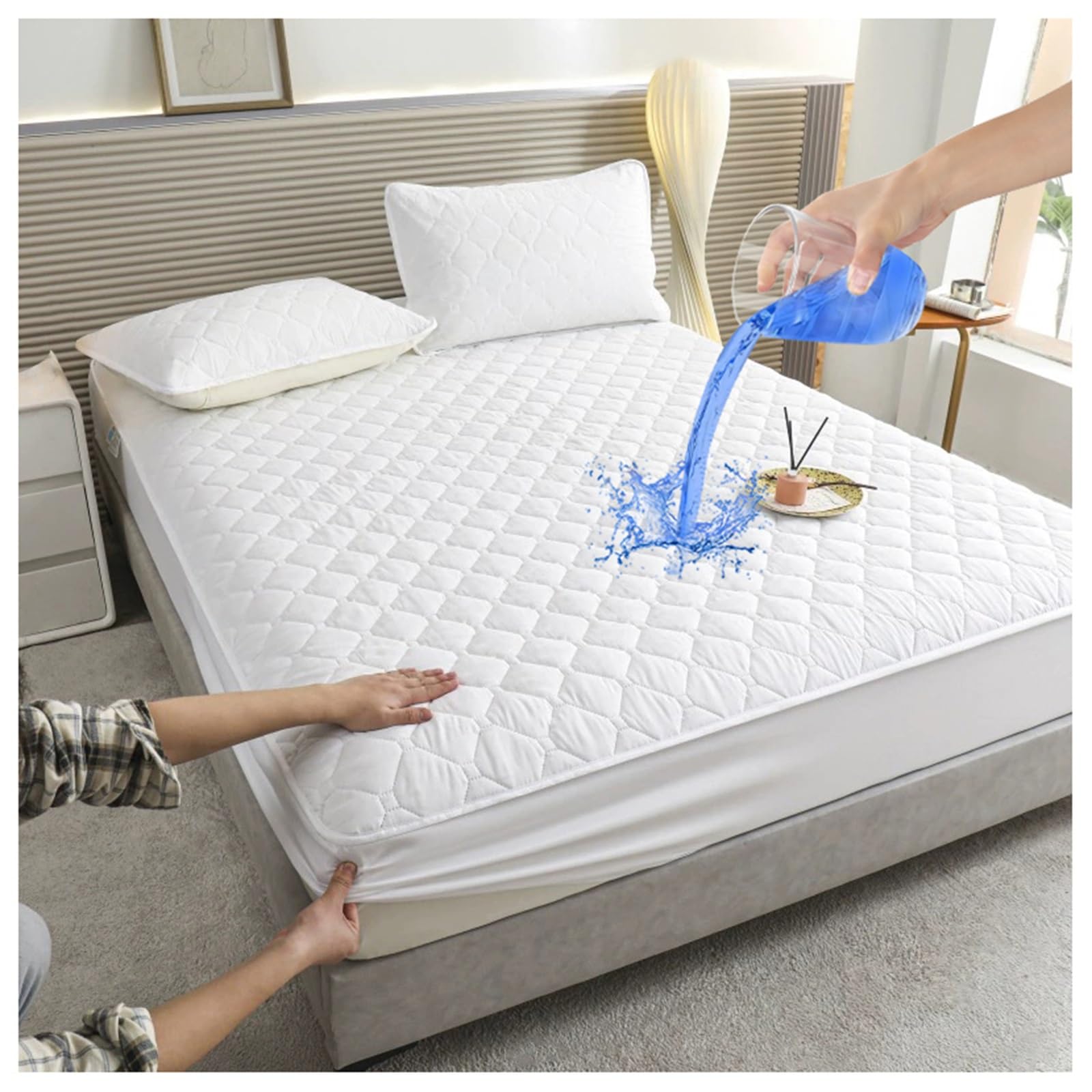 Waterproof Quilted Mattress Protector Twin Full Queen Cal King, Noiseless Fitted Mattress Topper Protector, Deep Pocket 2-12in, Machine Washable(White,90x190cm/35x75in)