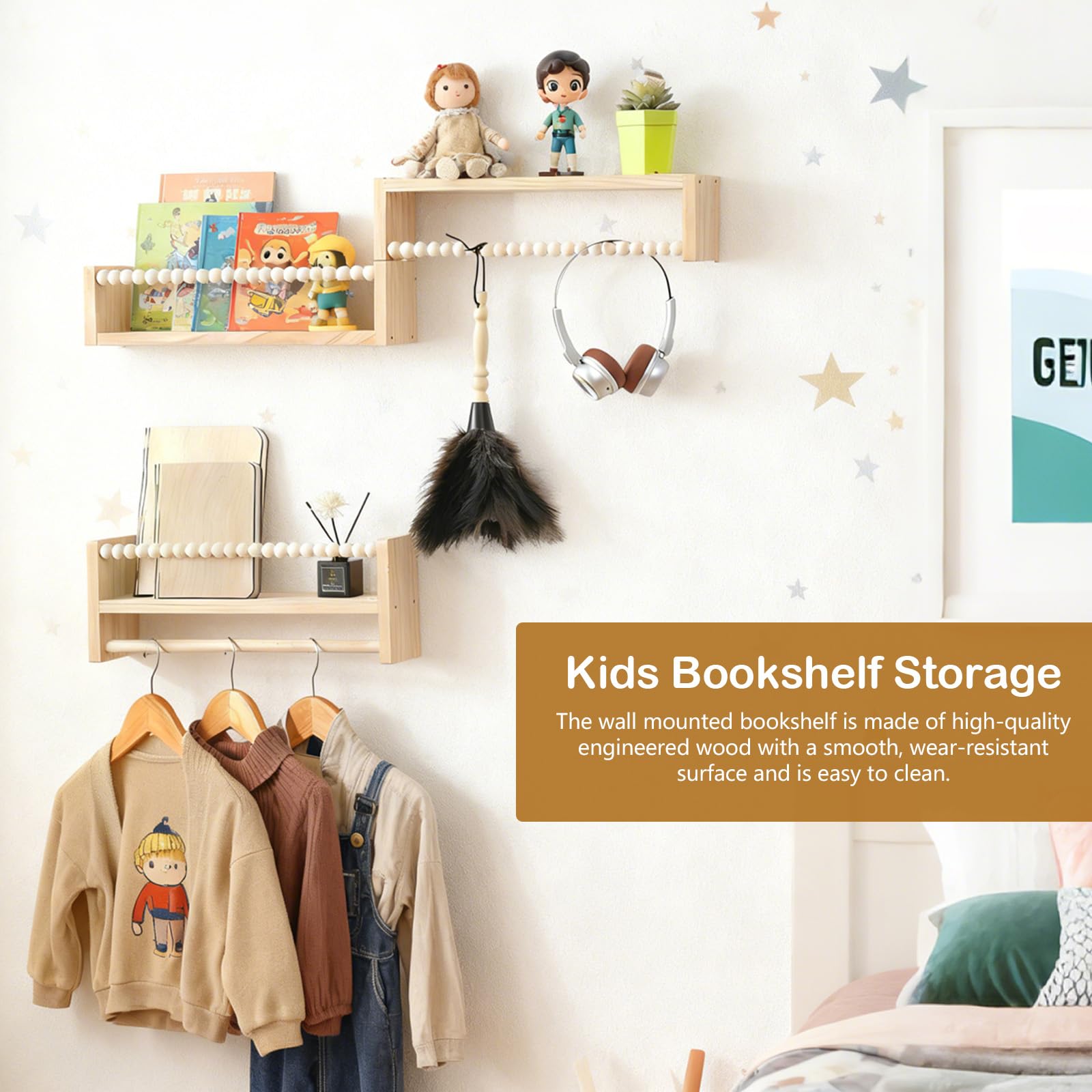LibreríA Infantil, EstanteríA De Pared De 3 Piezas para HabitacióN Infantil con Cuentas De Madera EstanteríA Flotante para Libros Marcos De Fotos Y Adornos para Cocina Dormitorio SalóN Y BañO