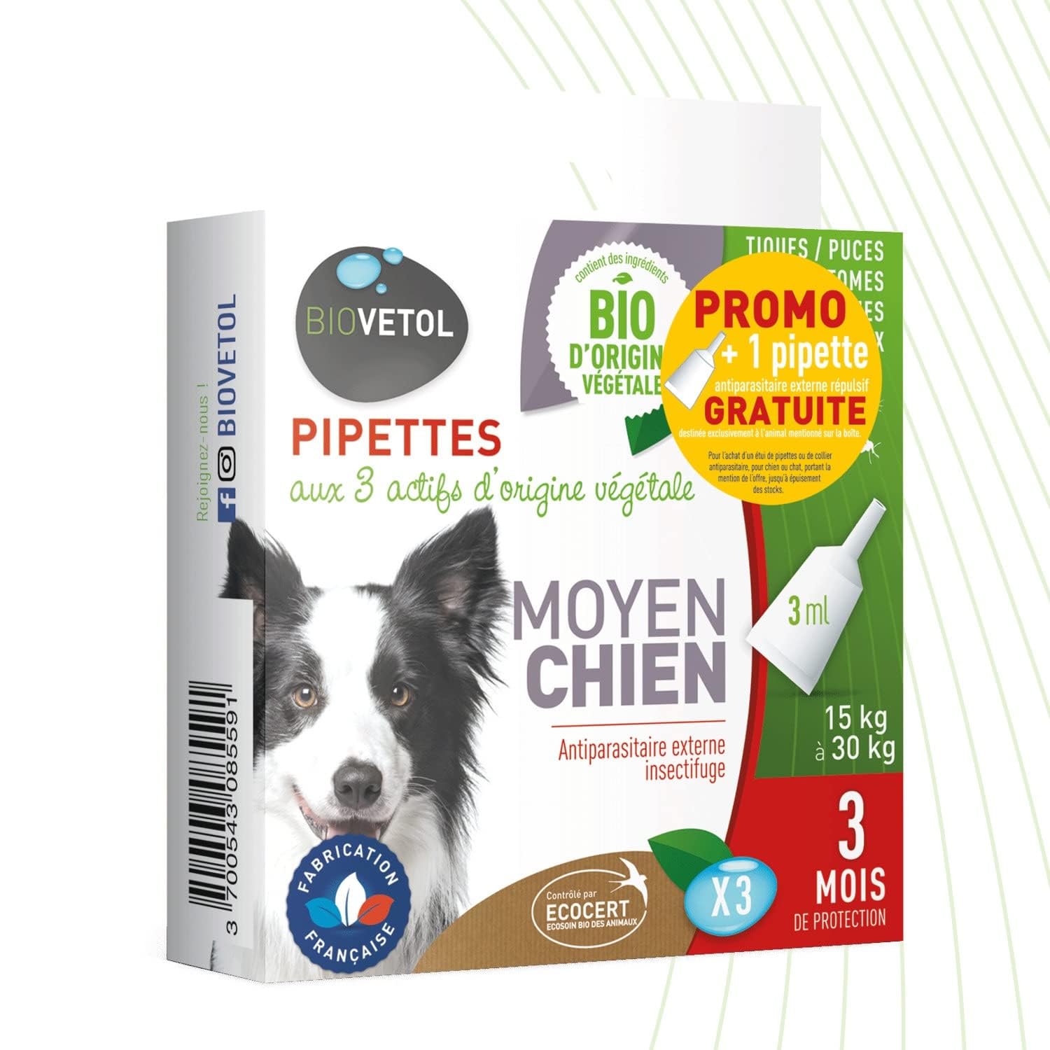 BIOVETOL - Pipettes Antiparasitaires Chien - Antiparasitaire Bio Certifié Ecocert - Anti-puces, Anti-Tiques (pour Moyen Chien (de 15 à 30 kgs), 3 pipettes + 1 Offerte)