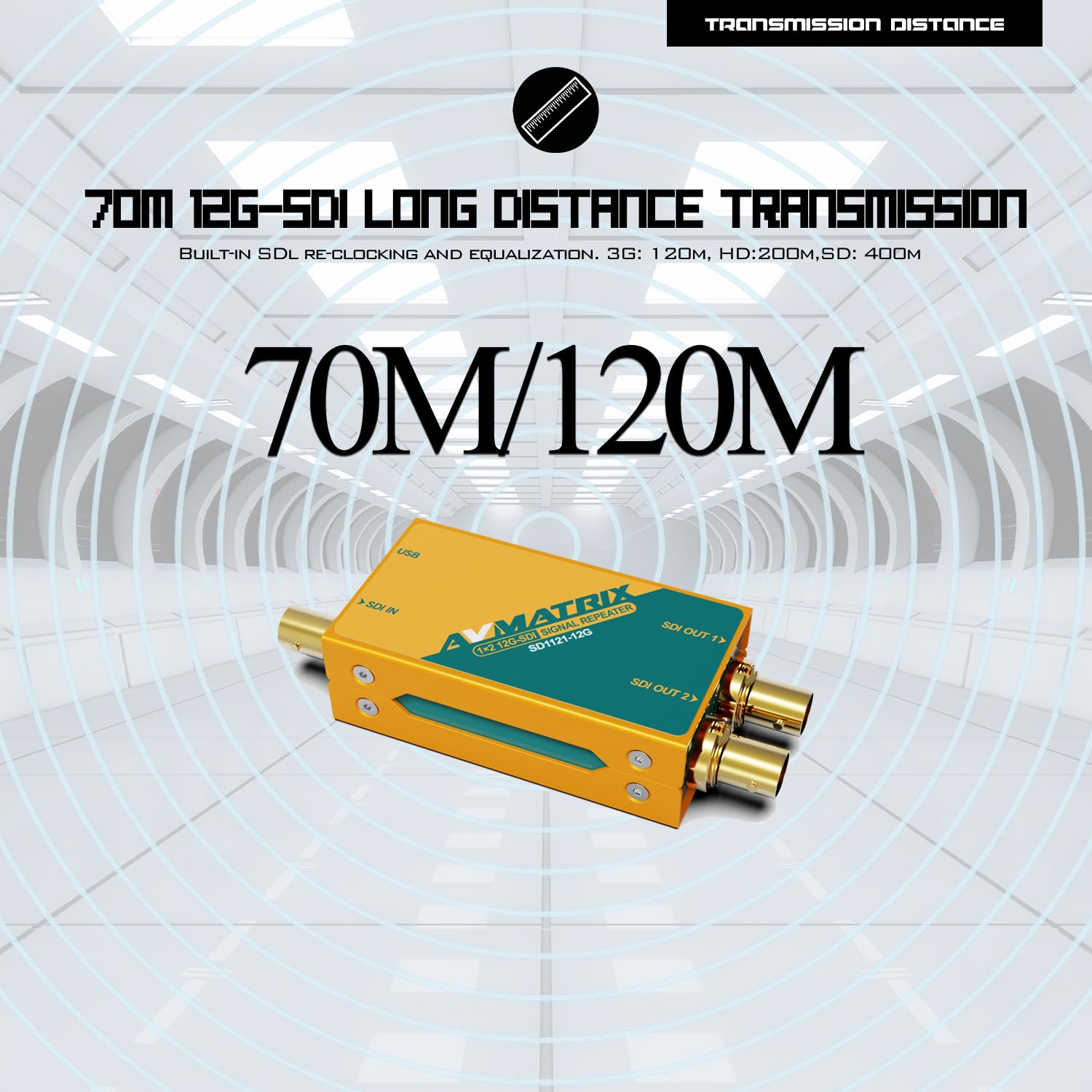 AVMATRIX SD1121-12G 1×2 12G-SDI Splitter 1×2 Amplificatore di distribuzione, 12G/3G/HD/SD supportati formati SDI, re-clocking, equalizzazione, retiming del segnale 1080p @60Hz