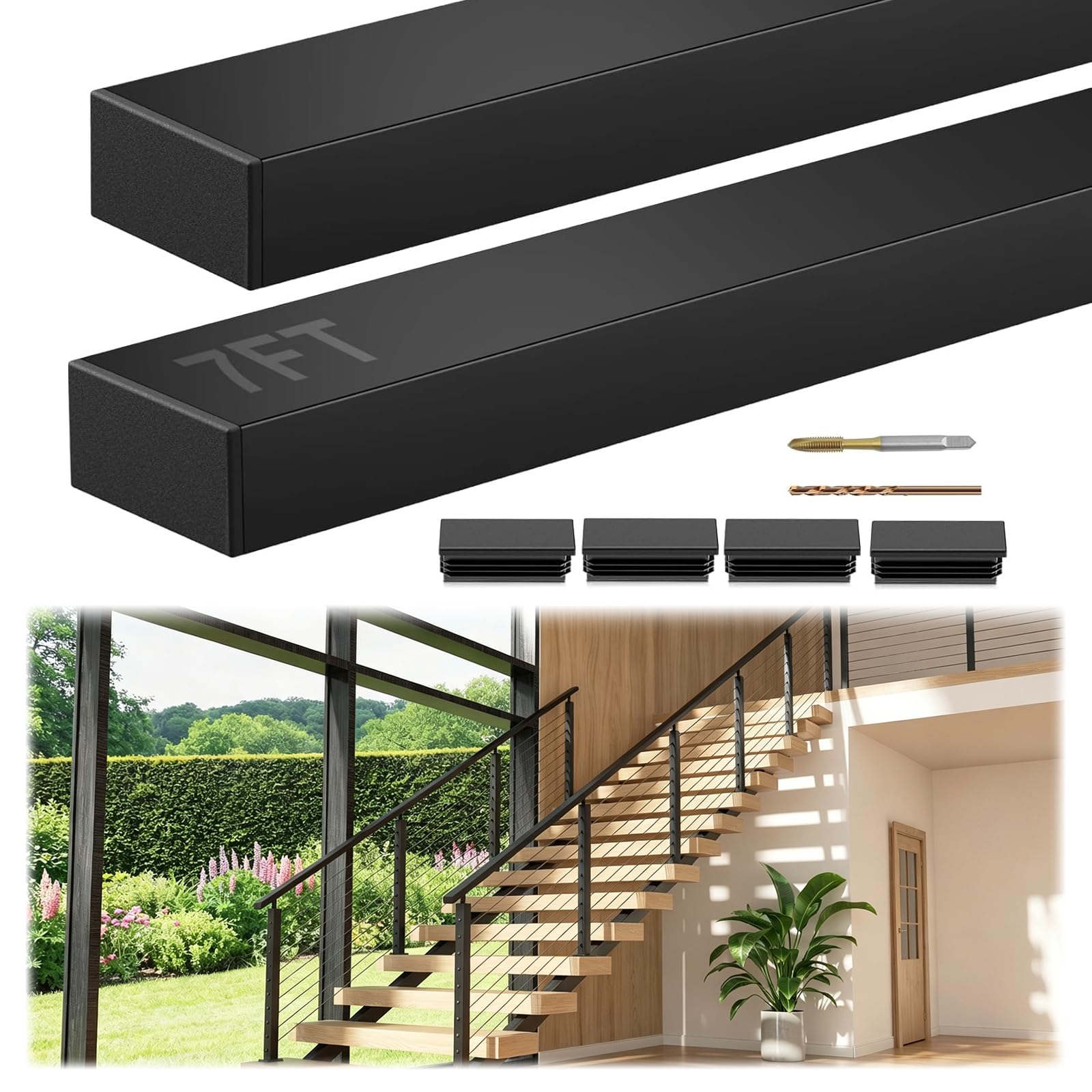 7FT Black Rectangular Handrail, 2 Pack Stair Cable Railing Handrail