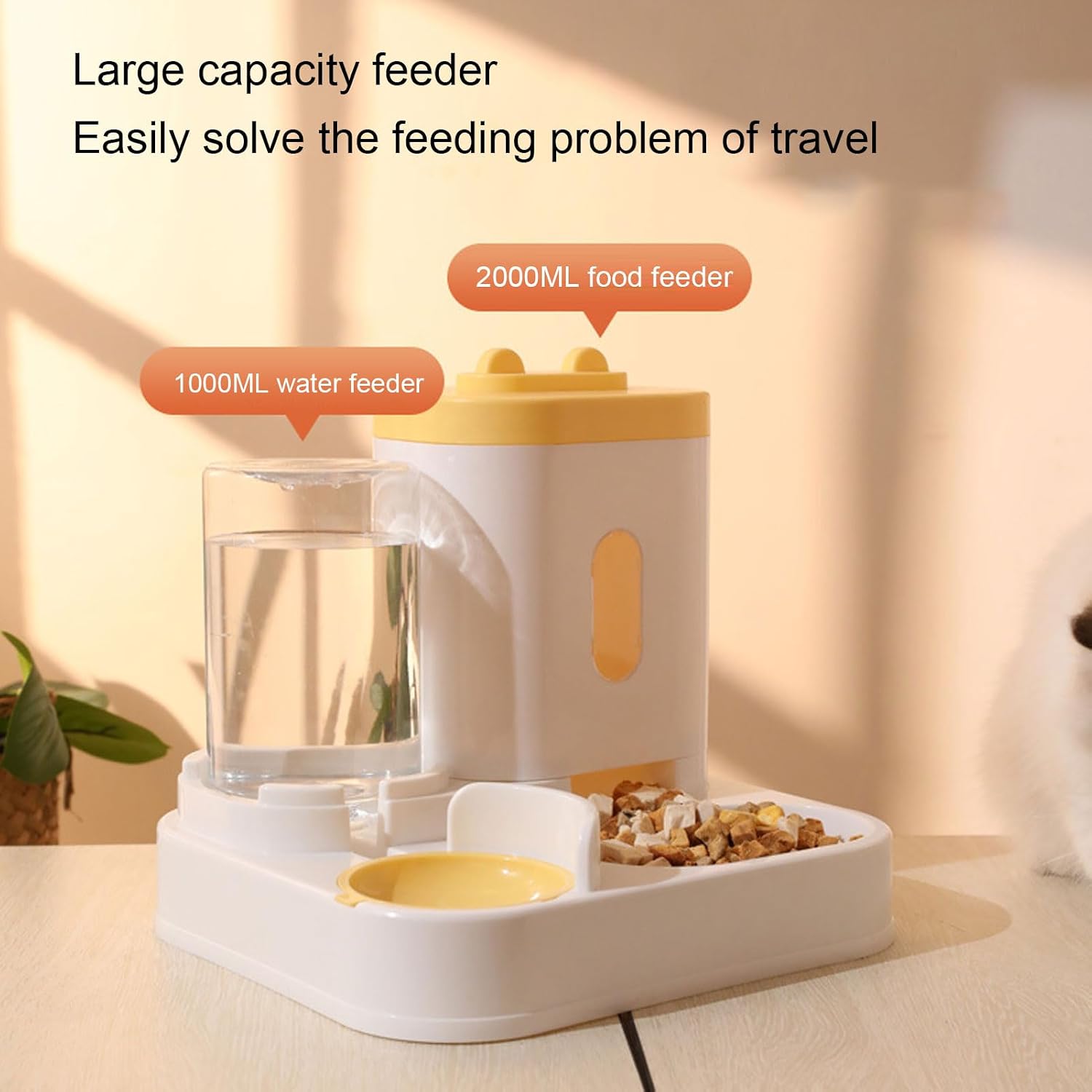 Auto Cat Waterer Feeder, Pet Food Water Dispenser PP Material 2 in 1 Convenient Easy Cleaning Transparent Window for Dog (Yellow)