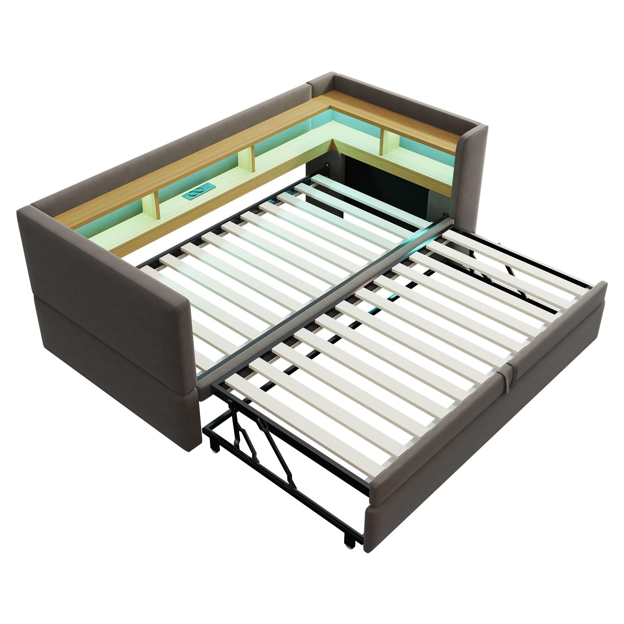 Letto imbottito divano letto estraibile 90/180 x 190 cm, letto singolo con prese LED USB, letto giorno con molti scomparti, flanella, senza materasso (grigio scuro)