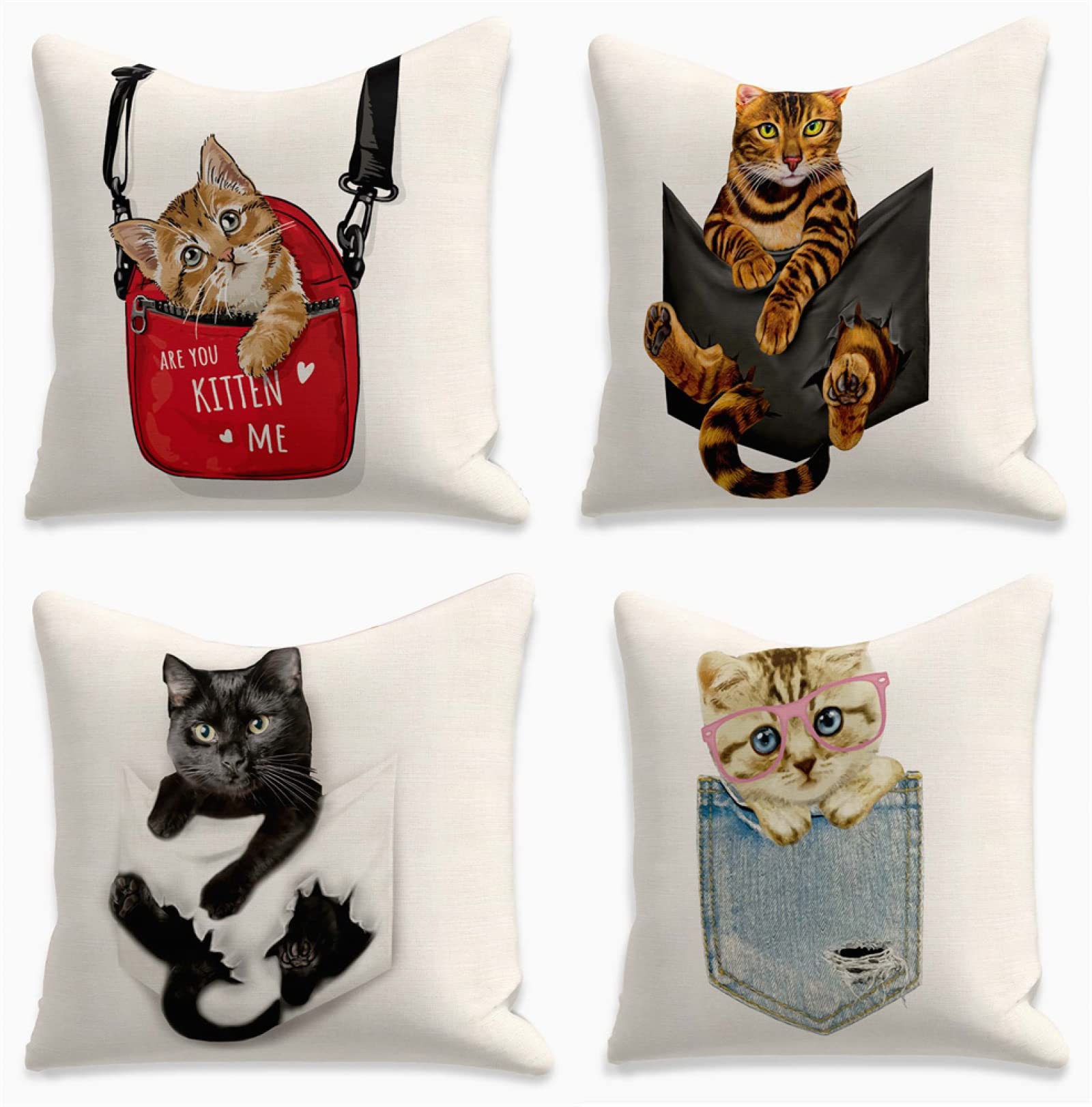 4 Pack Funda de Almohada Decoración Cuadrado Funda de Cojines Funda de Almohada de Navideñas Fundas para Cojines Cuadrado Lino Funda cojin para Sofá Decoración para Hogar 80X80cm Animales Gatos,Color4