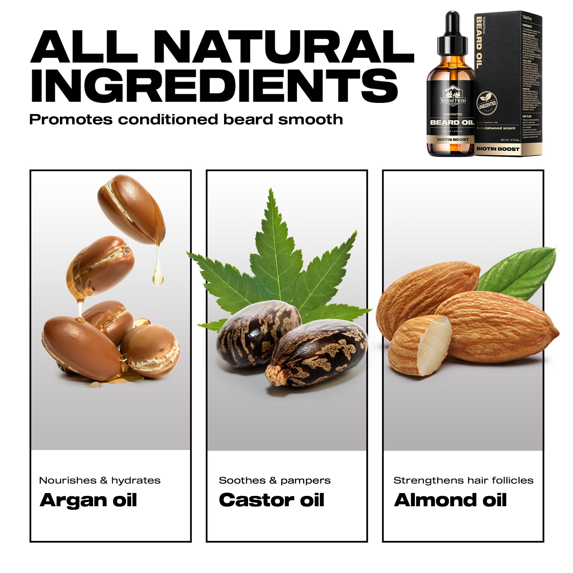 Waking Forest Bartöl für Herren, 60 ml, Biotin ohne Duft, für Schnurrbart mit Vitamin E, Rosmarin und Rizinus, weich, stärkt und spendet Feuchtigkeit für den Bart, 59 ml