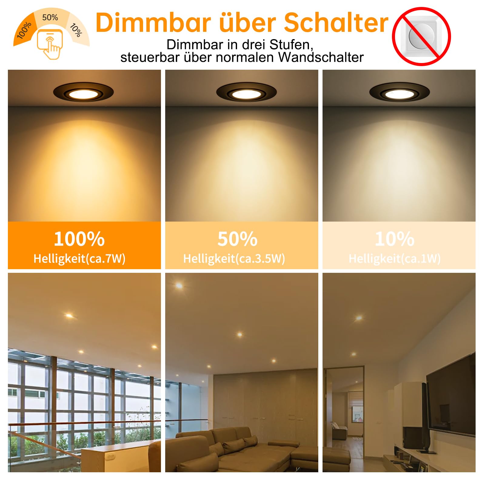 wowatt 10er LED Einbaustrahler 230V 3 Stufe Dimmbar, 7W LED Spots Schwarz Flach IP44 Einbauleuchten 700LM Ersetzt 70W Halogen Einbauspots Warmweiß 2800K Deckenspots Schwenkbar Rund 68mm für Badezimmer