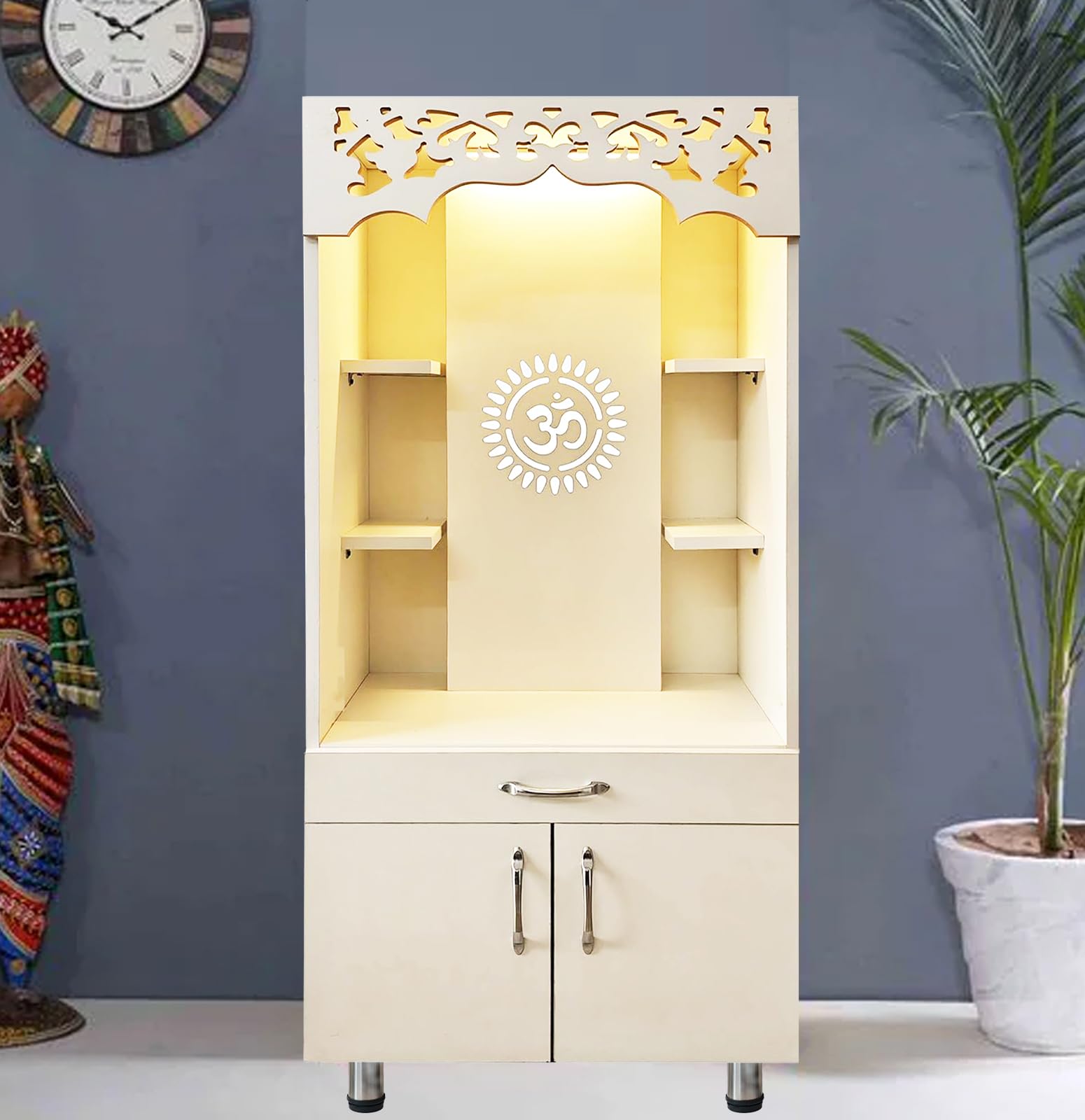 Alpine Willow Wooden Temple for Home I Corian Design mandir I Pooja Mandir Unit I Dev ghar I Puja ghar I Pooja mandir (Frosty White, 2 X 4 FT)