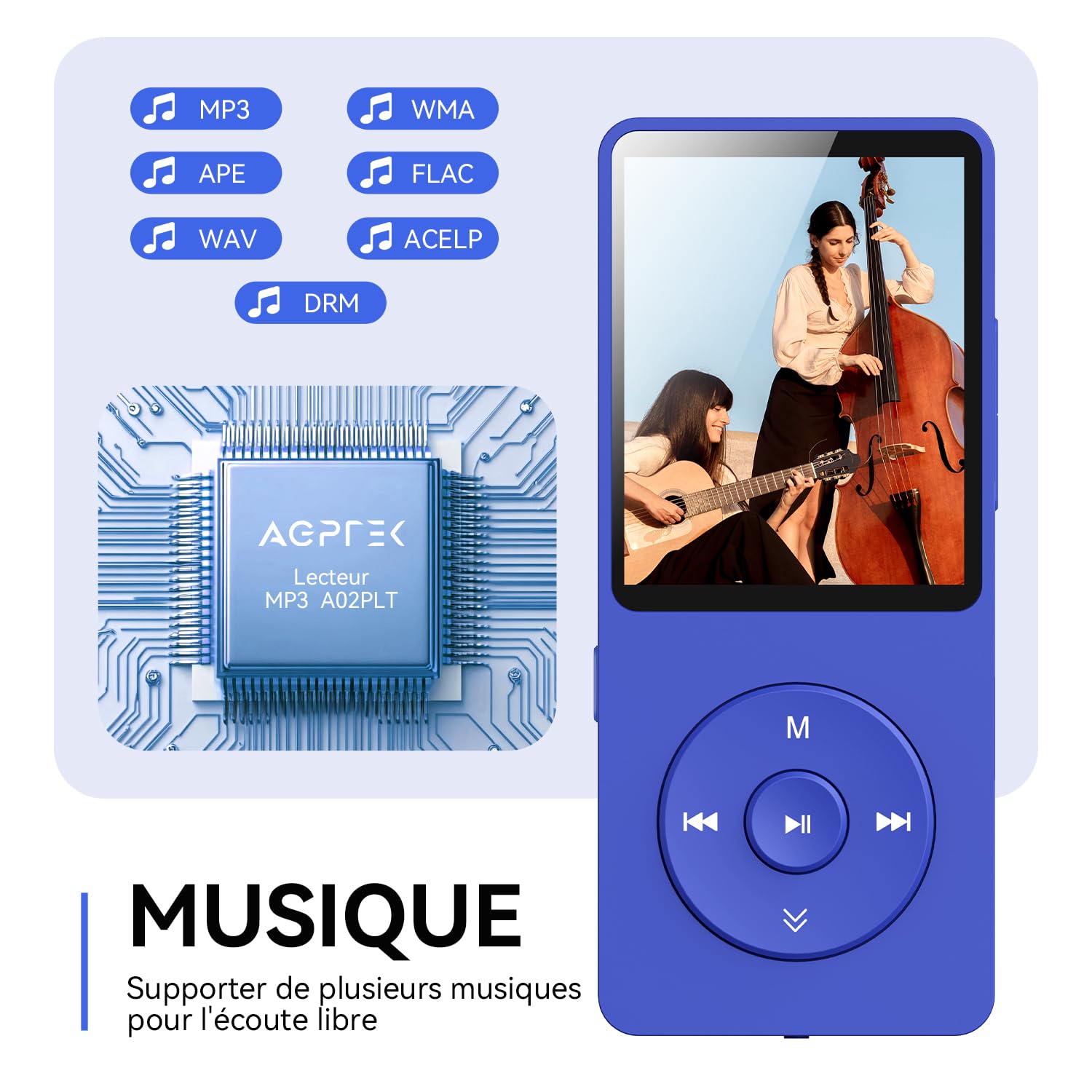 64Go Lecteur MP3 Bluetooth 5.3 AGPTEK Lecteur Musical avec Haut-Parleur et Bouton Volume Baladeur Portable sans Perte HiFi 70H Ultra-Longue Autonomie MP3 Sport avec Radio FM(sans Casque)-Bleu Foncé