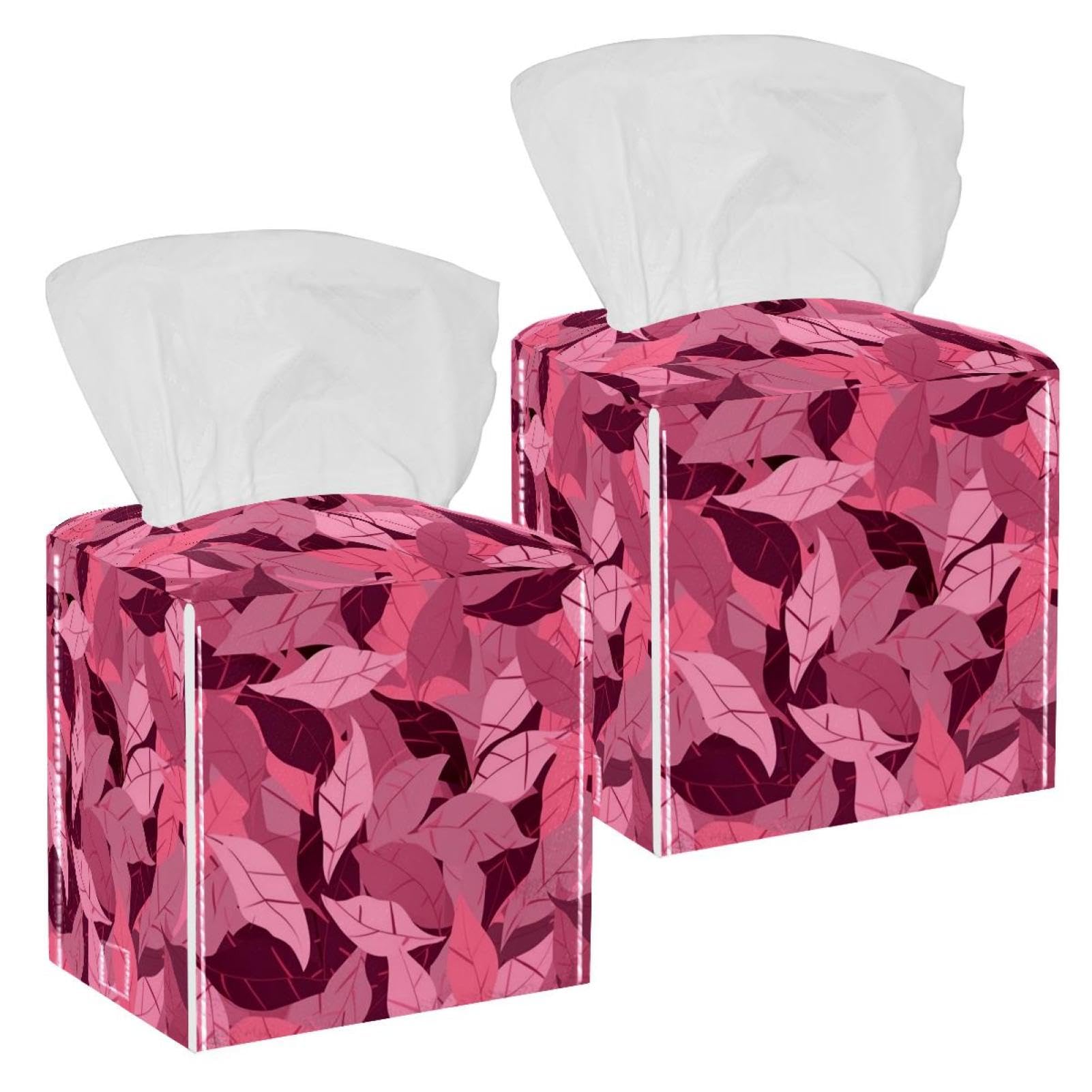 Artistic Leaves Tissue Box Cover, 2 Pack PU Leather Square Facial Tissue Dispenser Box holder for Home Office Car