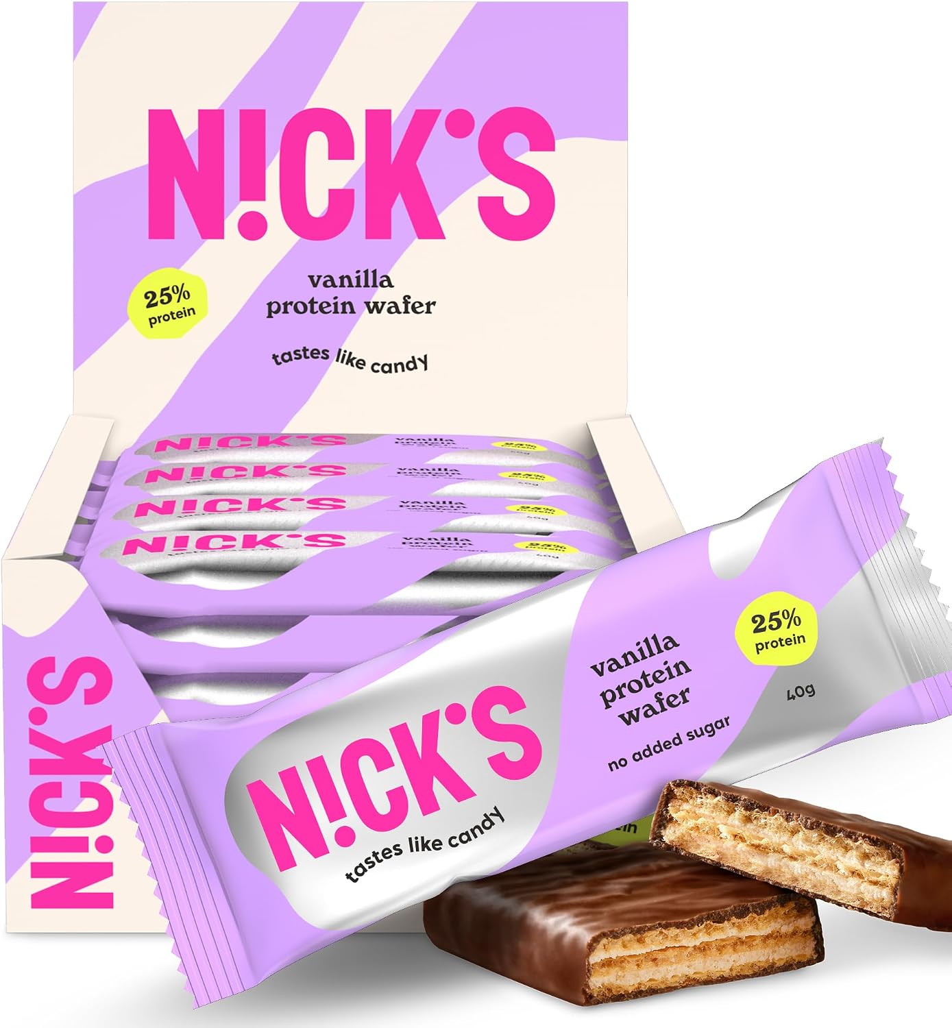 N!CK'S Protein Wafer Bar Vanilla| 25% Protein (10g) 203 Calories | Low Carb Cookie Bar Snack with No Added Sugar, Gluten Free (24 bars x 40g)
