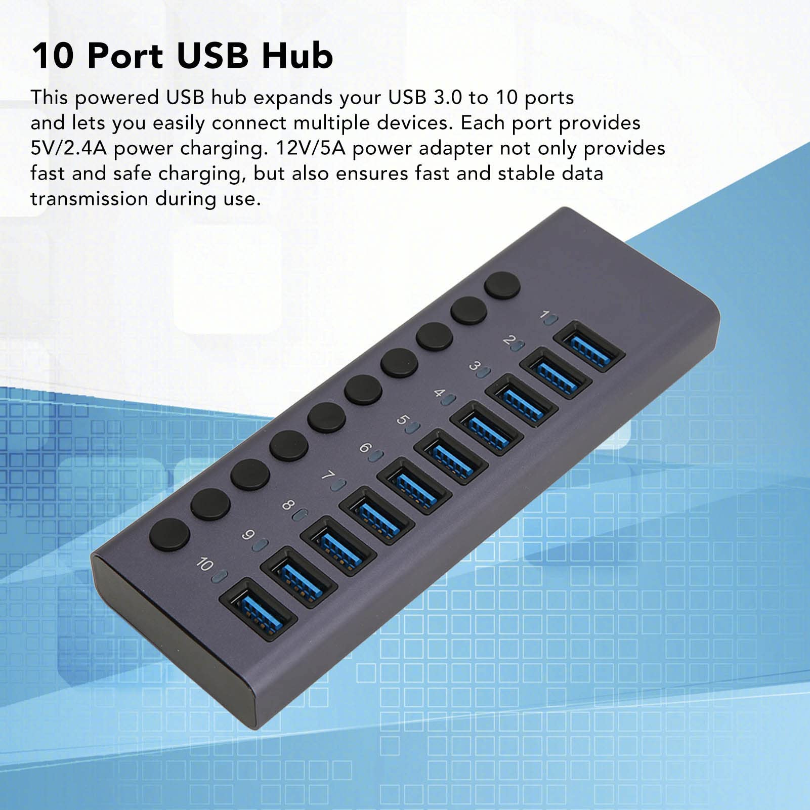 VBESTLIFE Powered USB Hub, 10 Ports Aluminium USB Port Hub Expender, USB C Hub Splitter mit Individuellem EIN-Aus-Schalter für Laptop, PC, HDD