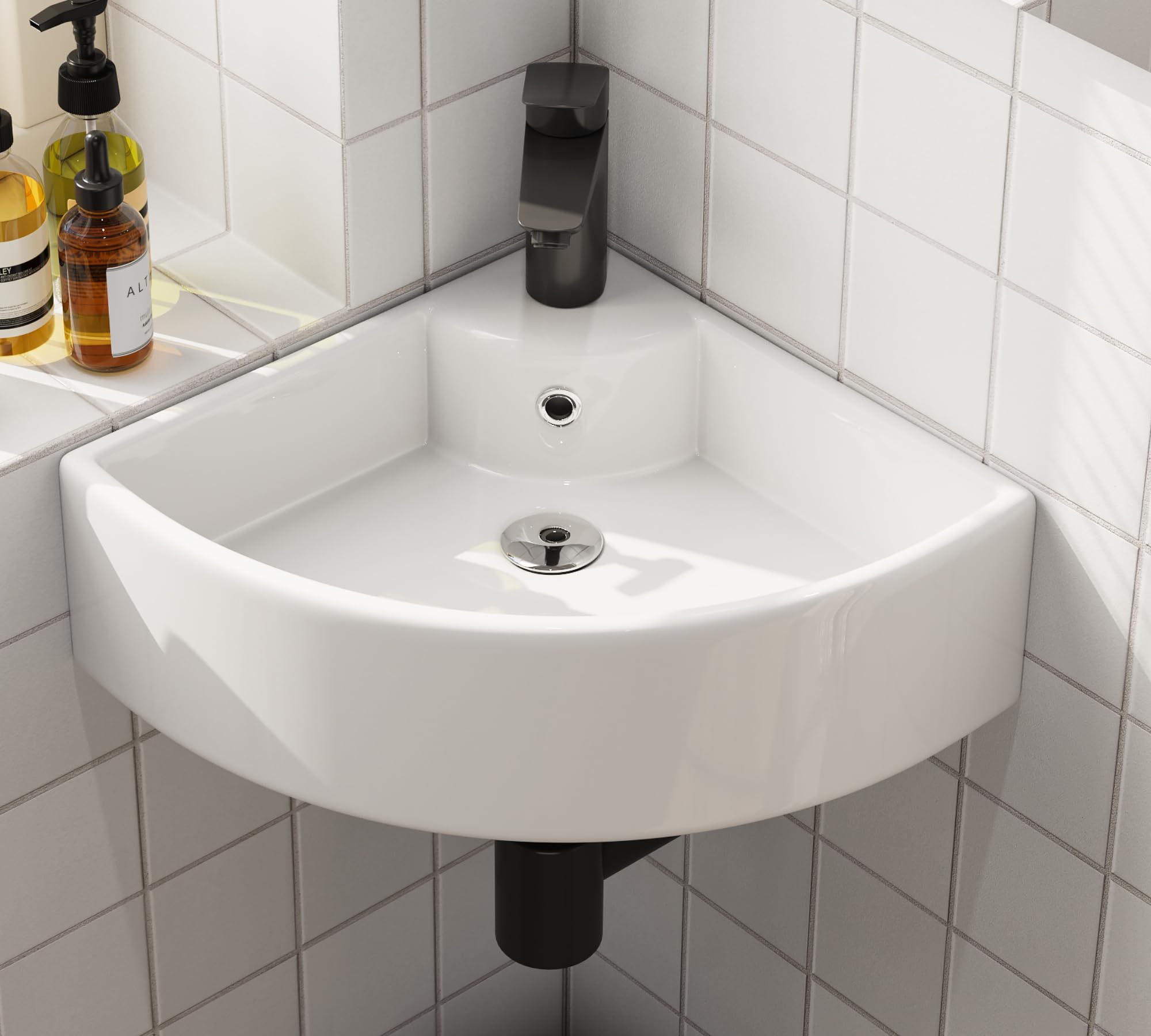 HOROW Lavabo Esquinero de Cerámica con Borde Fino - Lavabo Esquina Pequeño Montado en la Pared, 46x33 cm, Lavado de Esquina Pequeño para Baño