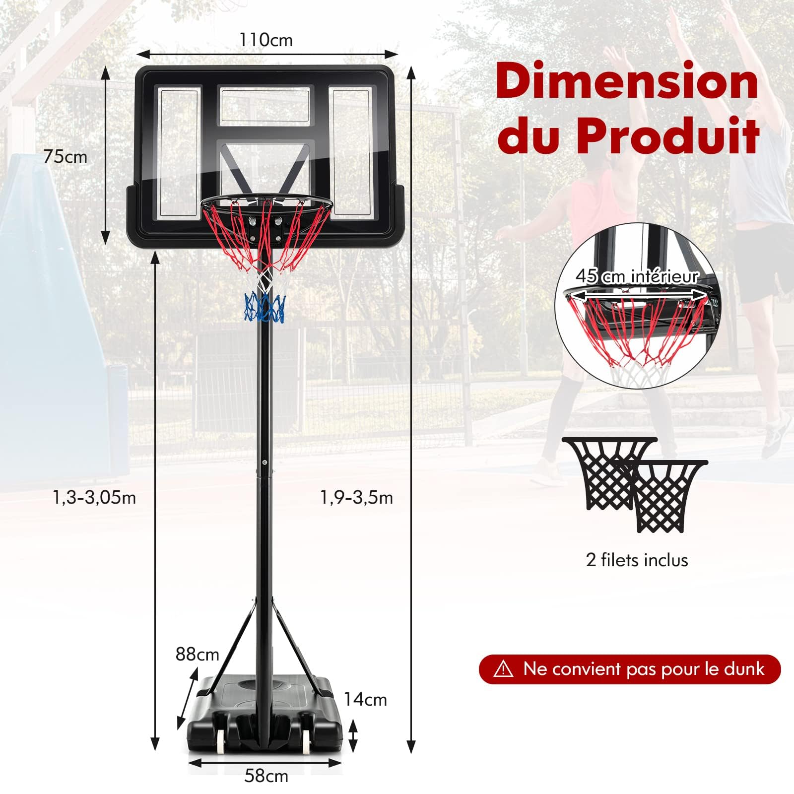GYMAX Panier Basket Extérieur pour Enfants Adultes, Hauteur Réglable 135-305CM, Mobile avec Roues, Base Remplissable, 2 Filets Fournis, Panneau Arrière Incassable