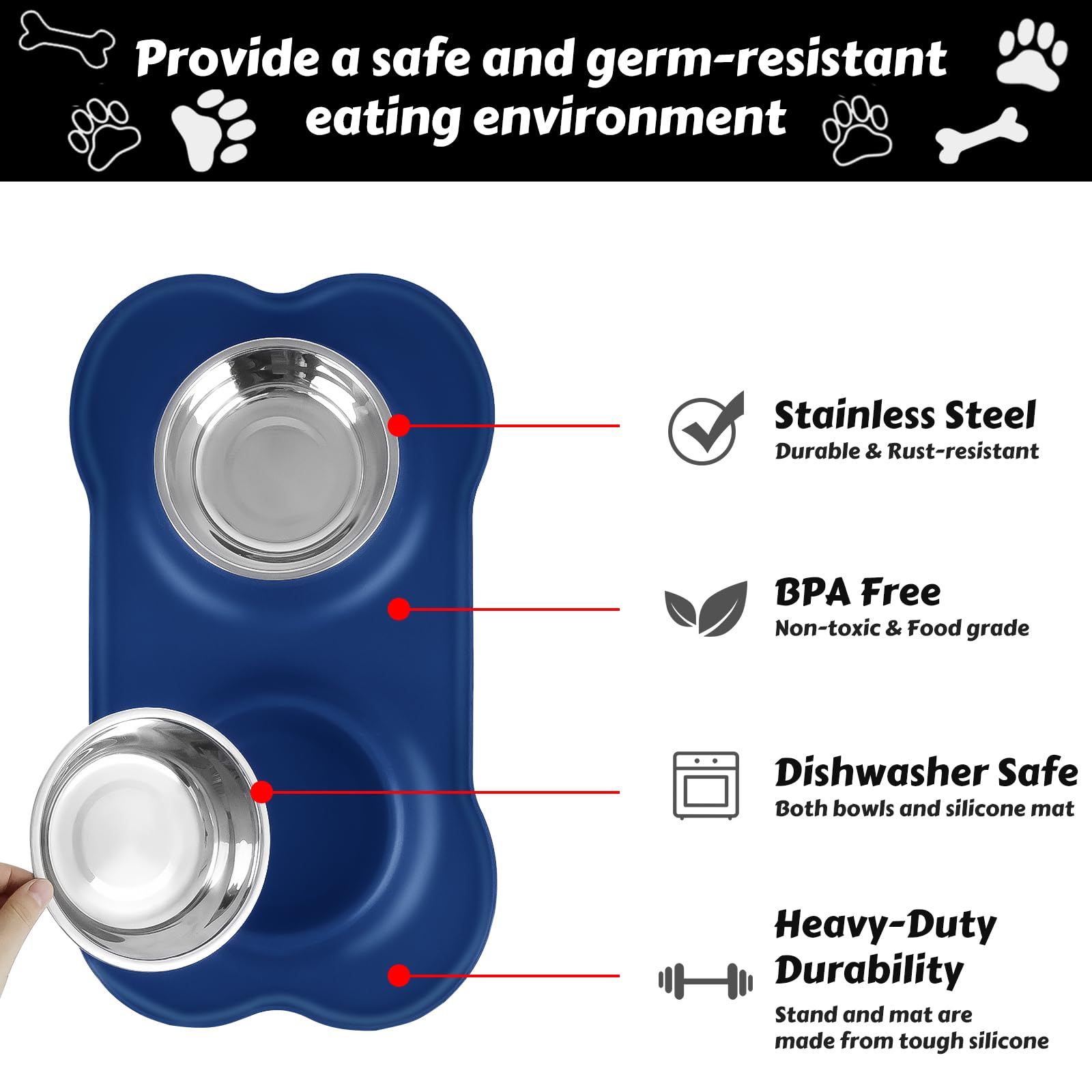 AsFrost Cuencos de Acero Inoxidable para Comida y Agua para Perros, Juego de Platos para Perros con Alfombrilla de Silicona Antideslizante y antiderrames, Cuencos de comedero para Perros pequeños y