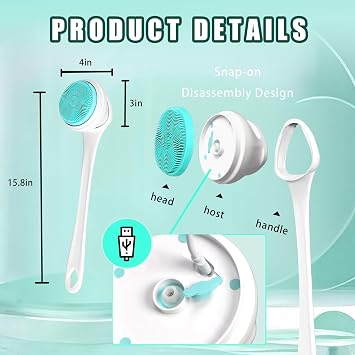 Electric Body Brush for Shower Rechargeable IP67 Waterproof Back Scrubber with 5 Heads 3 Modes Long Handle Spin Brush for Exfoliating Deep Cleaning Back Face Foot
