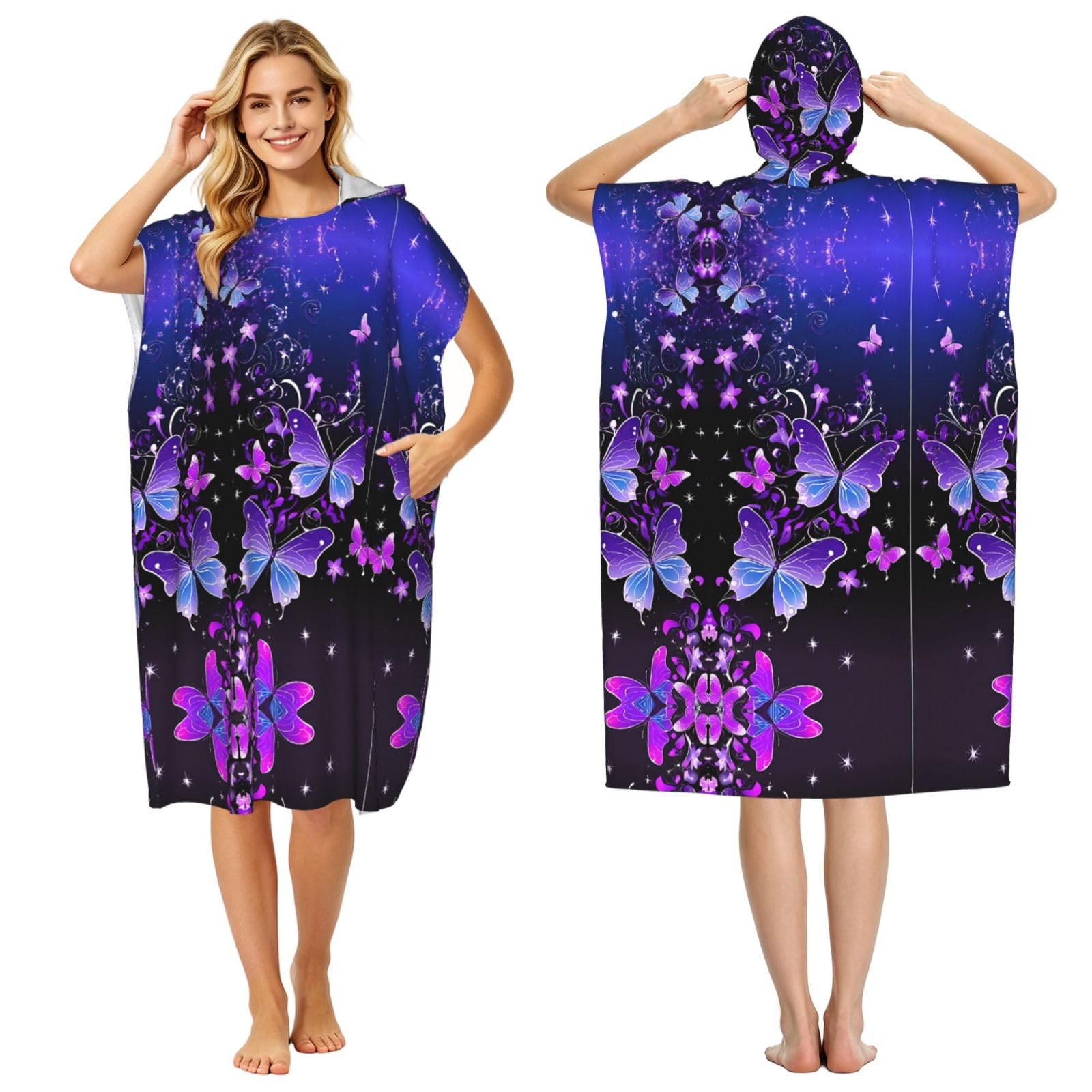 EZDLOWVBA Beautiful Glowing Butterfly Print Hooded Poncho Microfiber Beach Towel,Adult Women & Men Changing Robe,Lightweight Summer Surf Swim Bath Poncho Towel