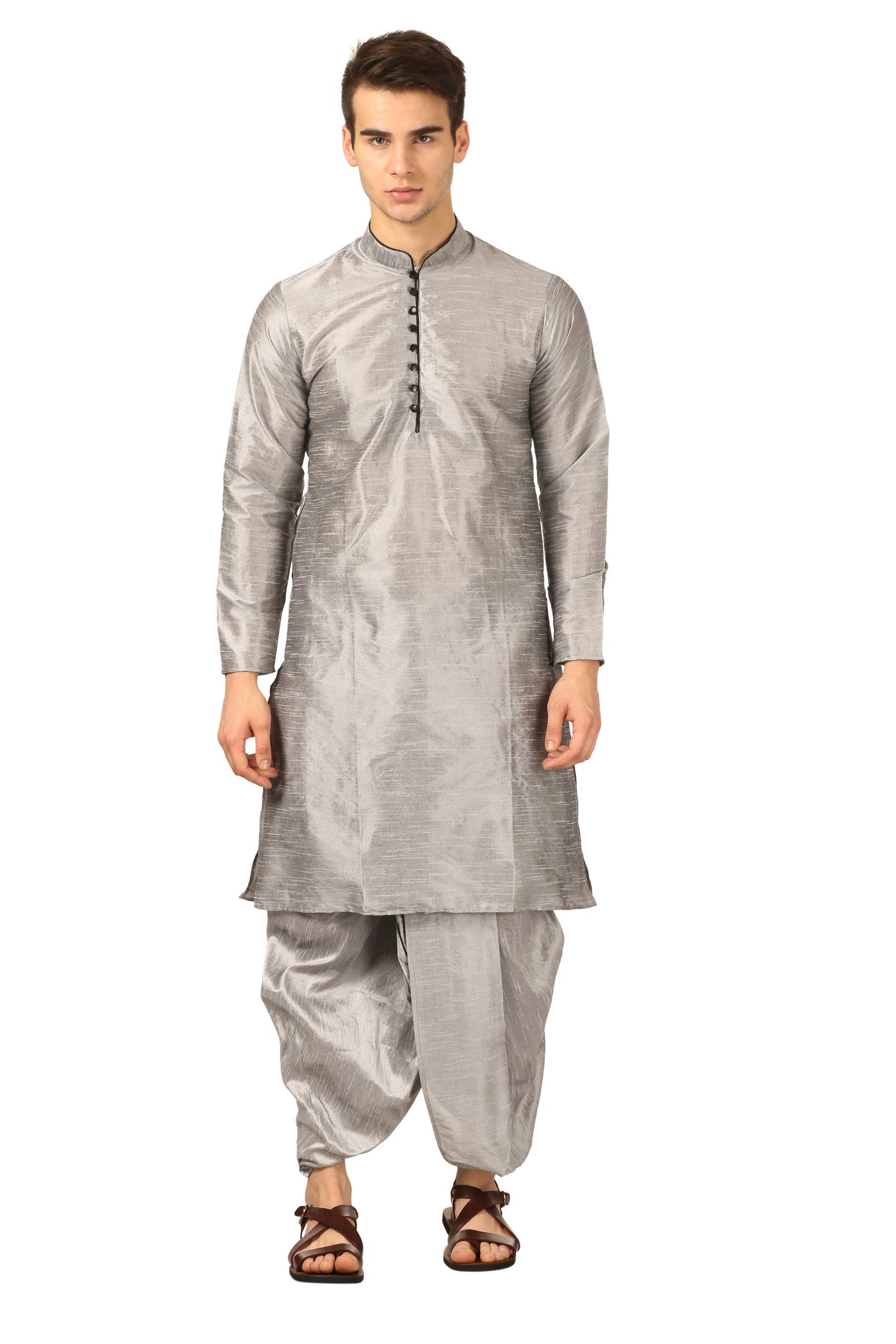 royal kurta Men's Regular Fit Silk Blend Dhoti Kurta Set (Silver)-picture-30