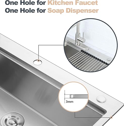 Miniatura 9 de Herogo Fregadero de cocina con estación de trabajo de 33 x 22 pulgadas, 10 pulgadas de profundidad, acero inoxidable 1810, montaje en la parte