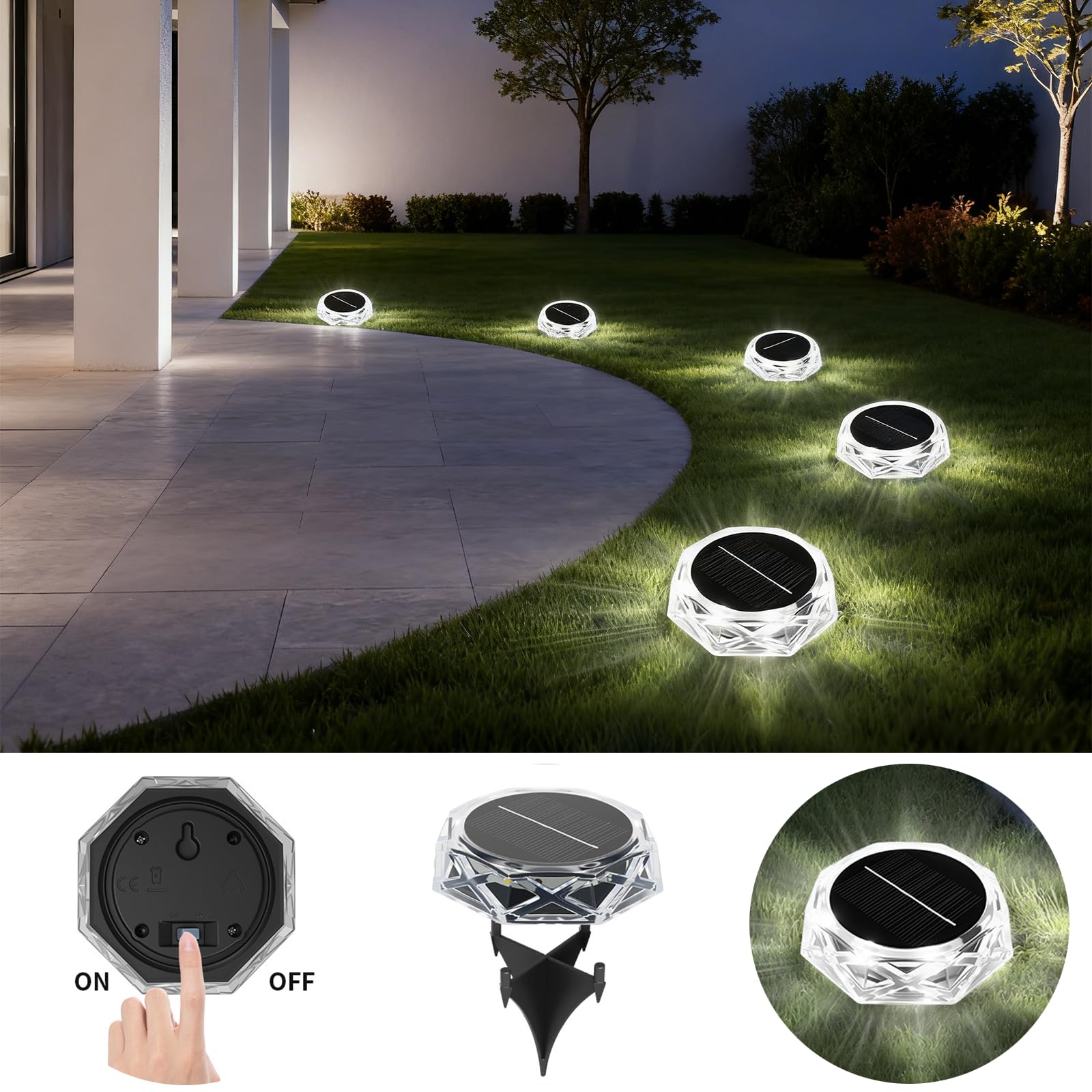 Solar Ground Lights Outdoor, 6 Pack Solar Garden Lights IP65 Waterproof, 8 Bright LEDs Decking Lighting with 600mAh Battery for Garden Lawn Patio Yard Landscape (Cool White) — view 6