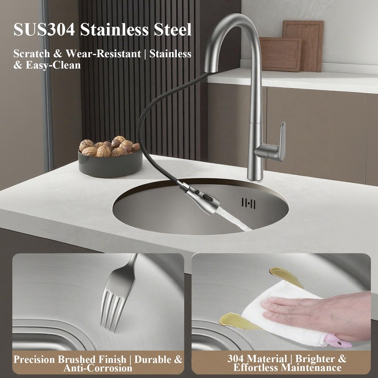 Lavello da Cucina,lavello Tondo in Acciaio Inox 304 con Rubinetto - Cucina a Vasca Singola per Isola,Bar,Camper,Lavanderia,sottotop,Finitura Nichel Spazzolato
