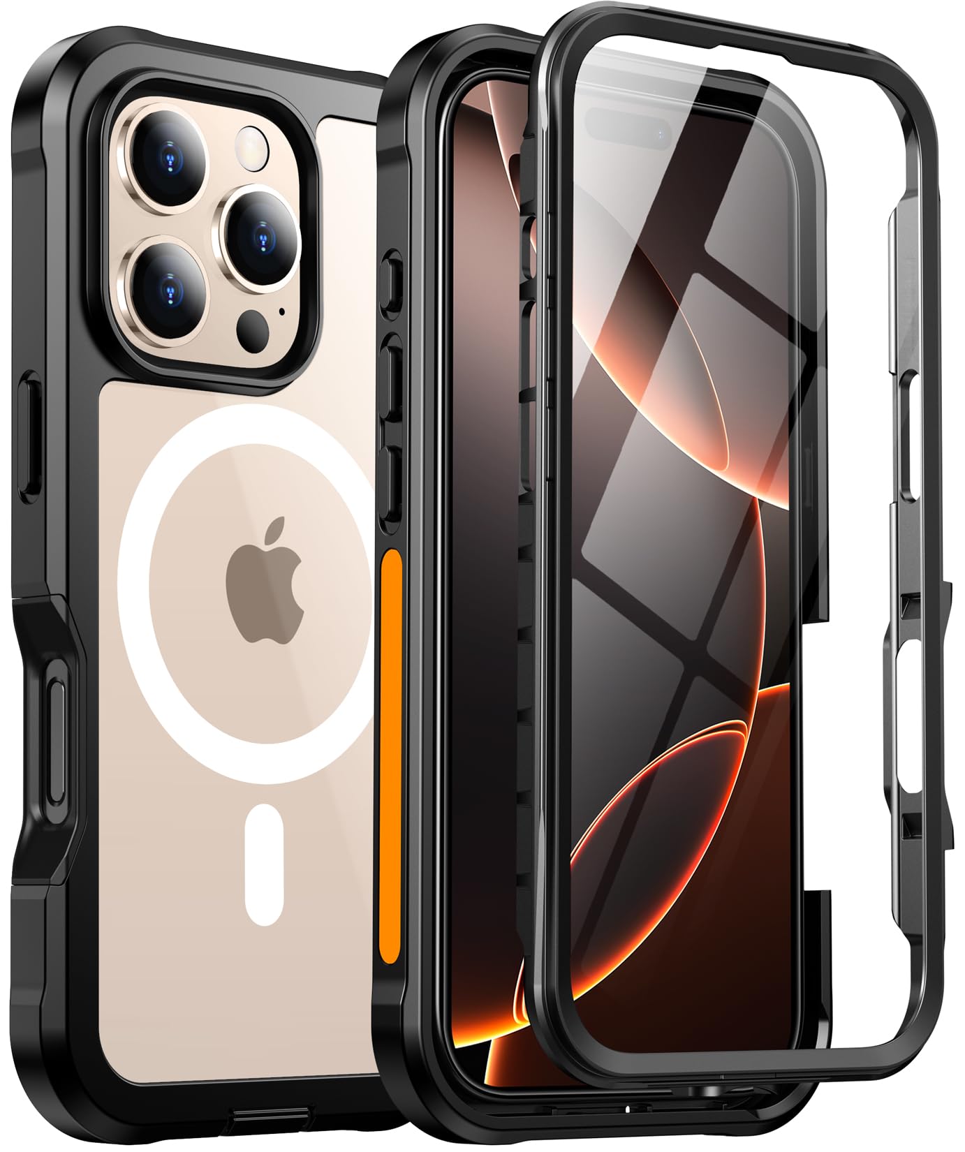 Red2Fire Designed for Phone 16 Pro Case,[Built-in 9H Tempered Glass Screen Protector][Compatible with Magsafe][360 Full Body] [Heavy Duty Protection] Phone Case for Phone 16 Pro 6.3" Black/Clear