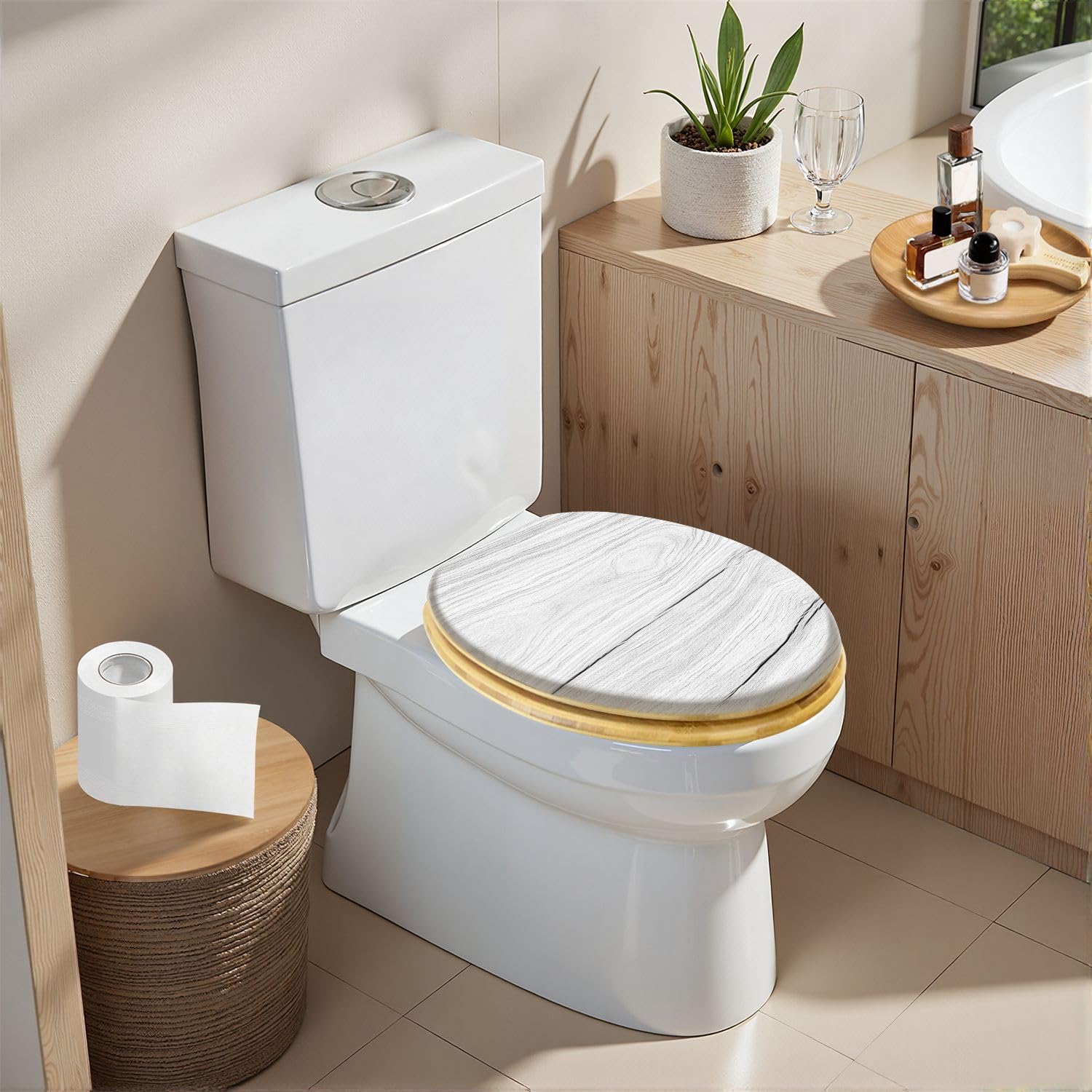 Asiento De Inodoro Alargado De Madera para Baño, Superficie De Madera Blanda con Acabado Blanqueado, Tapa De Cierre Suave Y Silencioso, Bisagras De Liberación Rápida, con Topes, Fácil De Lim
