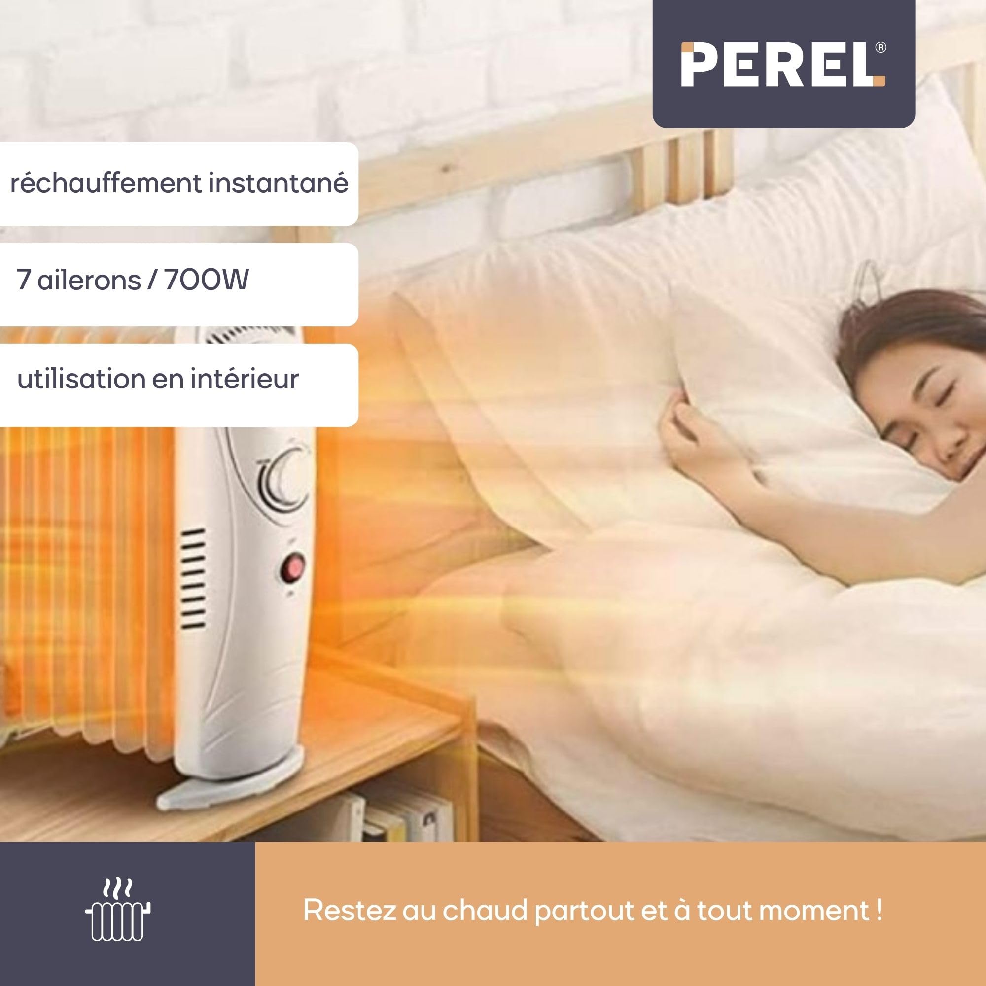 Perel Radiateur à bain d’huile 700 W, 7 éléments, chauffage bain d’huile, chauffage d’appoint, radiateur électrique, thermostat, poignée, roulettes, max.15 m², blanc