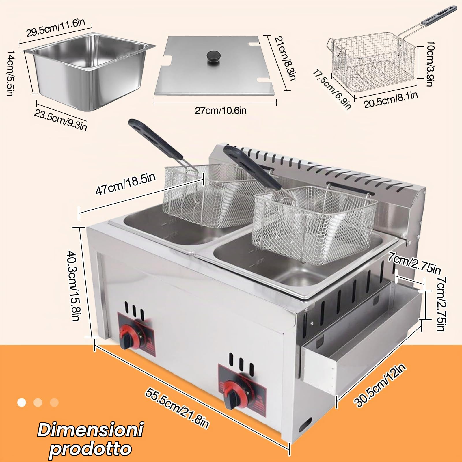 Deep Fryer Friggitrice a Gas GPL Professionale Doppio Cestello da 20 L, Friggitrice a Gas Commerciale in Acciaio Inossidabile Potenza di Fuoco Regolabile, Facile da Pulire, Cestello Staccabili