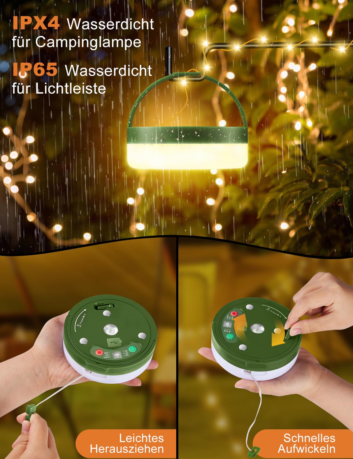 Chowane lampki kempingowe, 10M 100LED Wodoodporne, przenośne, uniwersalne lampki LED z 9 trybami oświetlenia, 2500mAh USB do ładowania, lampki kempingowe na zewnątrz na kemping, do ogrodu