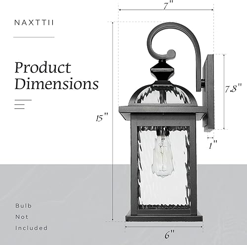 Miniatura 5 de Luces de porche para exteriores, montaje en pared, lámparas de pared negras mate para exteriores con vidrio ondulado de agua de 15 pulgadas,