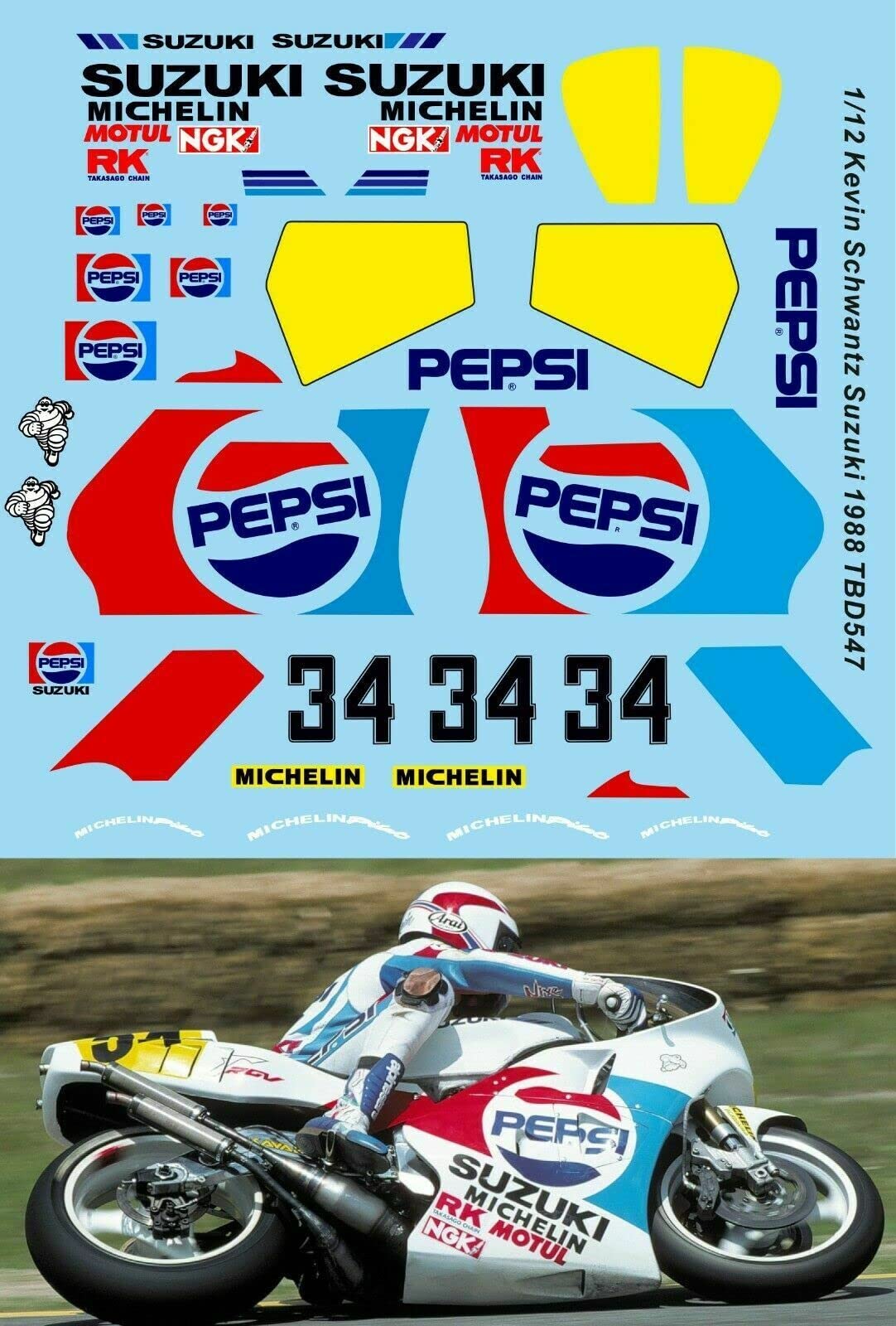 Generico 1/12 pegatinas para Suzuki RGV 500 Kevin Schwantz Pepsi 1988 TB Decal TBD547