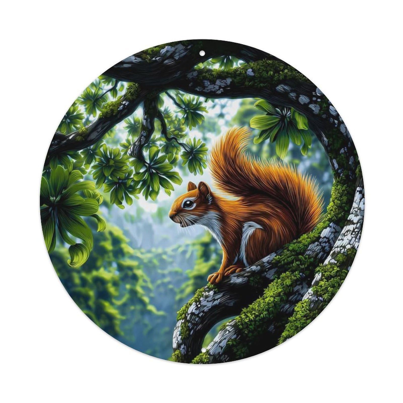 Animal Red Squirrel Lush Misty Forest Nature Scenery Vintage Metal Tin Sign Plaque Wall Decor for Cafe, Club Bar, Office, Garden Metal Poster 8x8Inch
