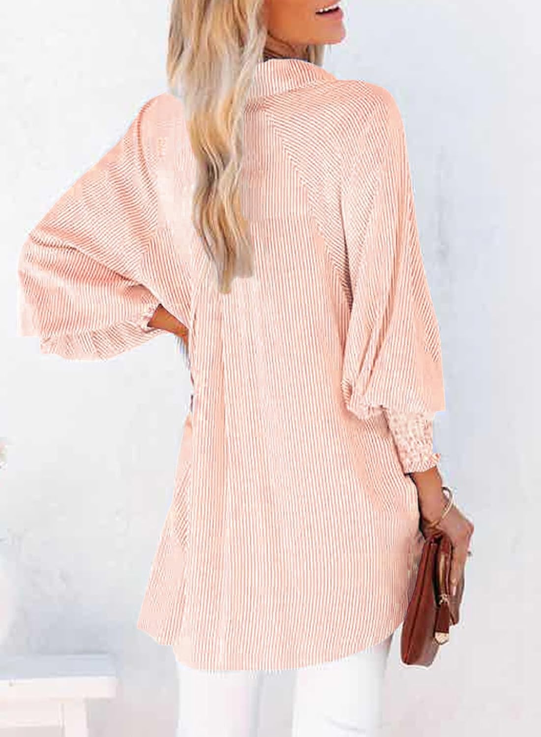 Womens Smocked Cuffed Striped Boyfriend Shirt Casual Collar Long Sleeve Oversized Button Down Blouse Tops with Pocket Shirred - Image 2