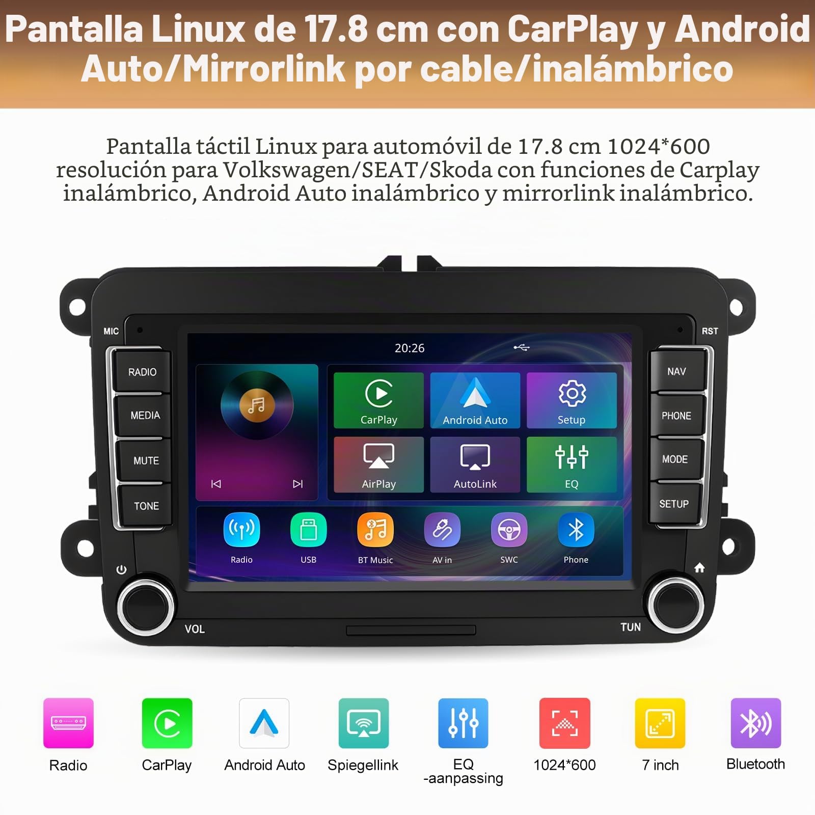 Radio de coche con pantalla de 7 pulgadas para Volkswagen, Seat, Golf, Passat, Jetta, Beetle, Touran, EOS, Skoda, Radio Bluetooth con pantalla táctil de Seat con CarPlay inalámbrico, Android Auto, GPS