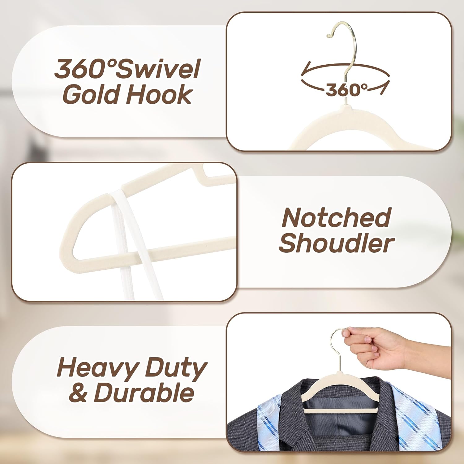 Sishynio Premium Velvet Hangers 30 Pack with Gold Hooks, Non-Slip, Space Saving Felt Clothes Hangers, Sturdy Slim Flocked Hanger for Dresses, Coats, Tie and Pants(Beige)