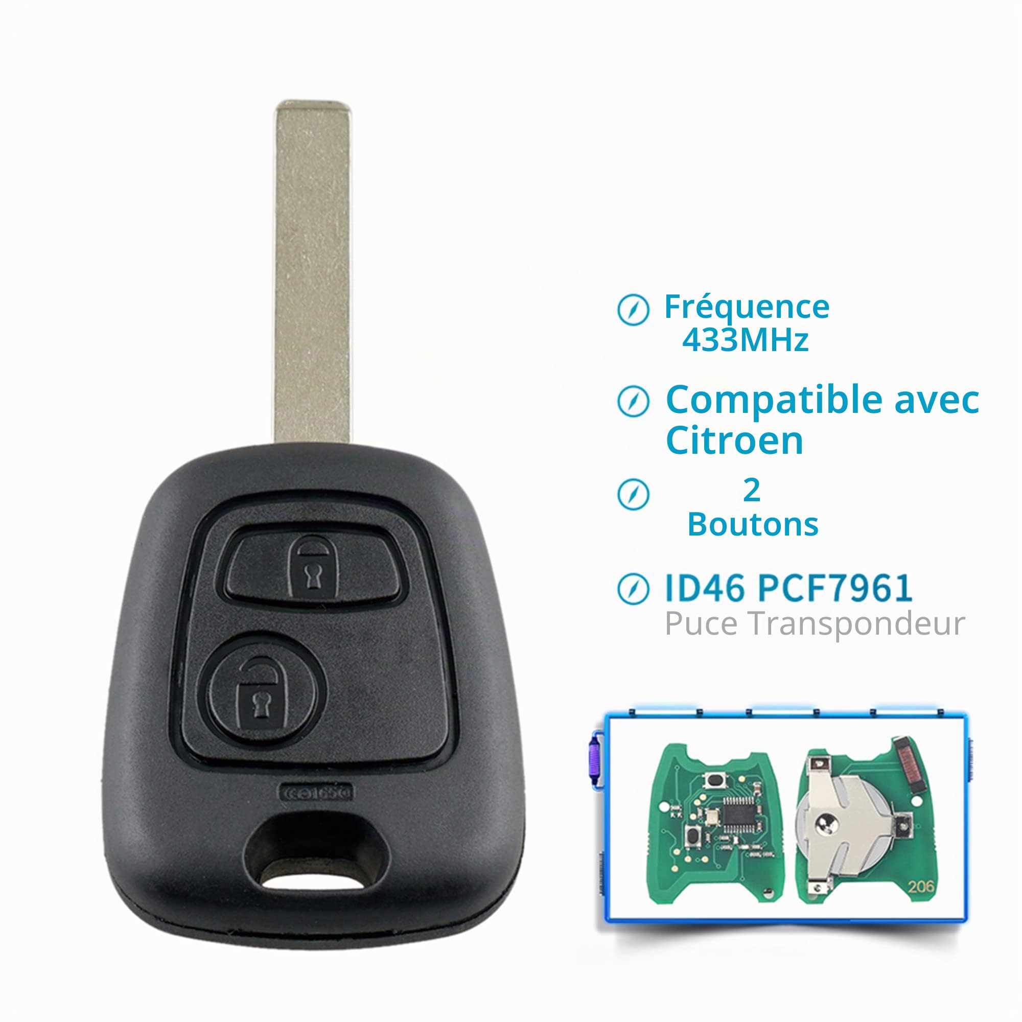Heart Horse 433MHz Clé de Voiture télécommande, 2 Boutons Coque de clé télécommande pour Citr0en C1 C2 C3 Xsara telecommande Coque de clé Peuge0t 307 (ID46 PCF7961 Chip VA2 Blade)