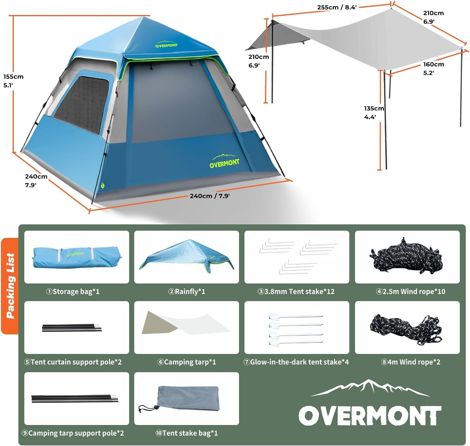 Overmont Camping Pop up Zelt mit Tarp - Automatische Zelt 2-4 Personen - Familie Kuppelzelt 3-4 Saison Wasserdicht mit abnehmbares Regenverdeck - für Trekking Outdoor Wanderausflug