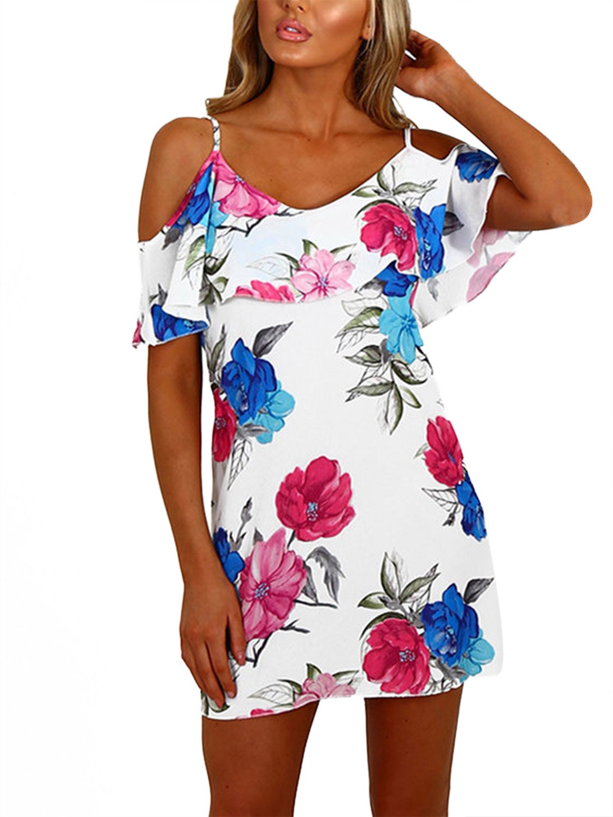 YOINS Sommerkleid Damen Sexy Tshirt Kleid Schulterfrei Tunika Kurzarm MiniKleid Strandkleid Blumenmuster